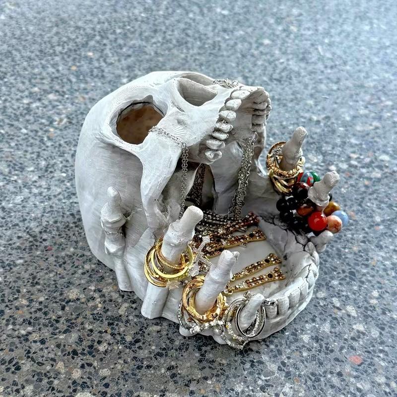 Gothic Skull Jewelry Organizer Box, Halloween Decor with Compartments, Necklace Hooks, Lined Interior, Resin Desktop Storage, Artistic Home Décor