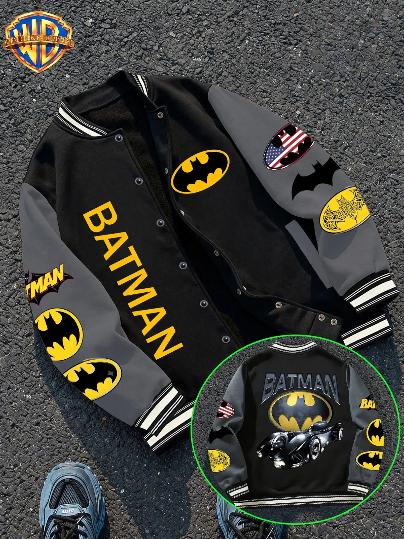 Wb Warner Bros. Batman Classic Logo Varsity Jacket, Block, Loose-Fitting Casual Baseball Jacket for Fans Gift