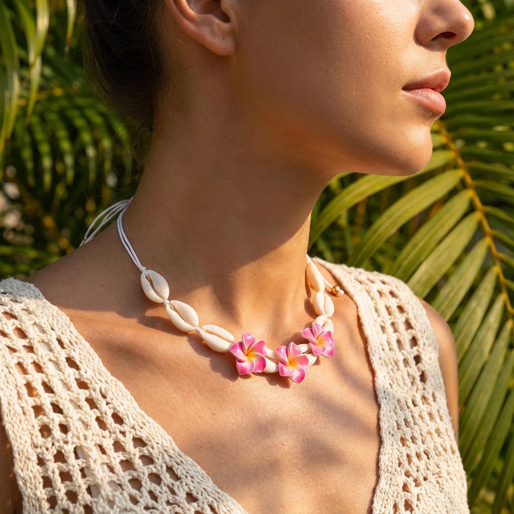 Boho Beach Necklace for Women Handmade Shell and Hibiscus Flower Pendant Summer Vacation Jewelry Tropical Resort Accessory Lightweight Bohemian Style Necklace