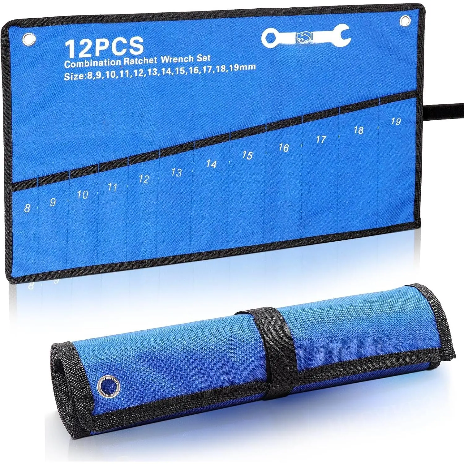 Wrench Tool Roll Up Pouch Metric 12 Pocket (8-19mm) Tool Roll Bag for Wrenches Organizer Oxford Canvas Wrench Holder Blue