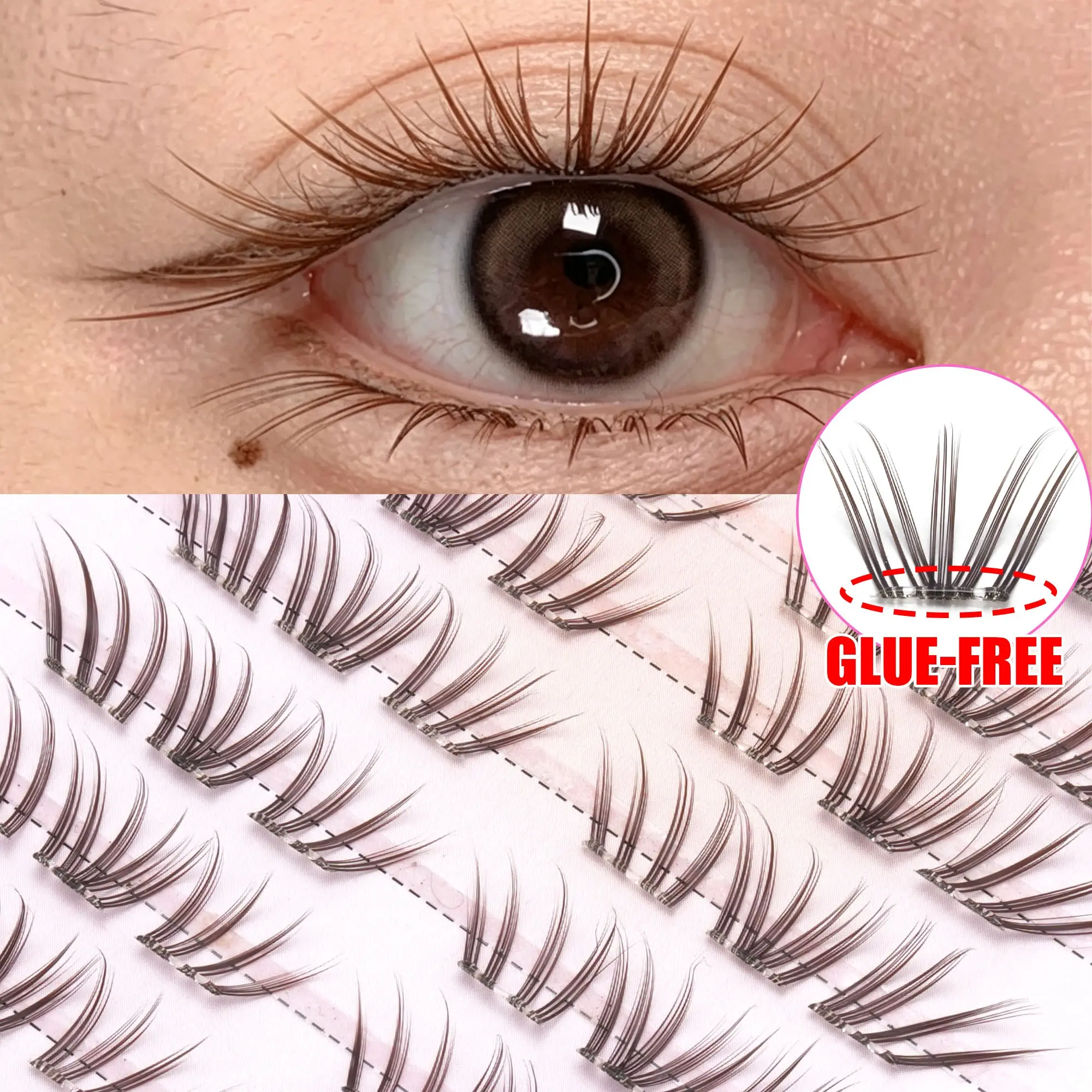 60 Pcs Glue-Free False Lashes, Fine Bundled Look for Korean Style Eye Makeup, Soft and Visible, Perfect for School, Shopping, Dining, Photoshoots