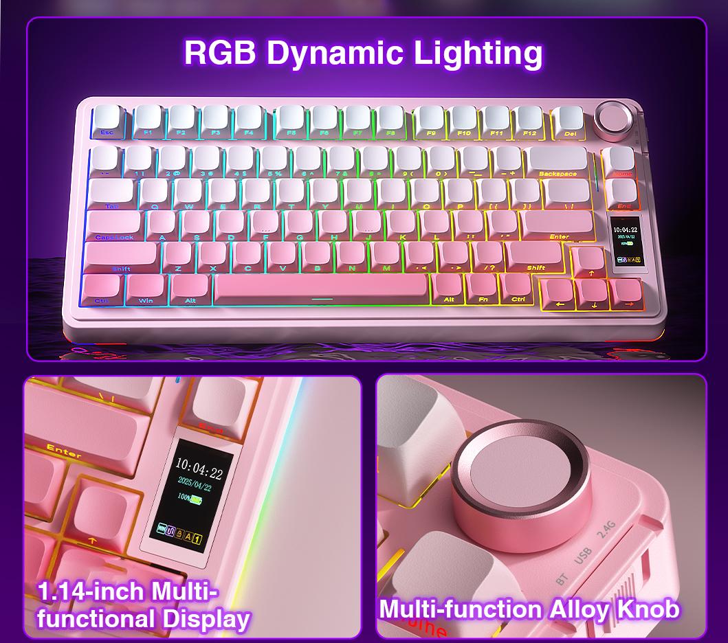 [New]AULA S75 PRO Wireless Mechanical Keyboard with Screen&Knob(Black Pink), Tri-Mode 2.4G USB-C Bluetooth PBT Keycaps Creamy Sounding 75% Hot Swappable Gaming Keyboard with Pre-lubed Switches, RGB Backlit, PC Gaming Keyboards TikTokshopBacktoschool