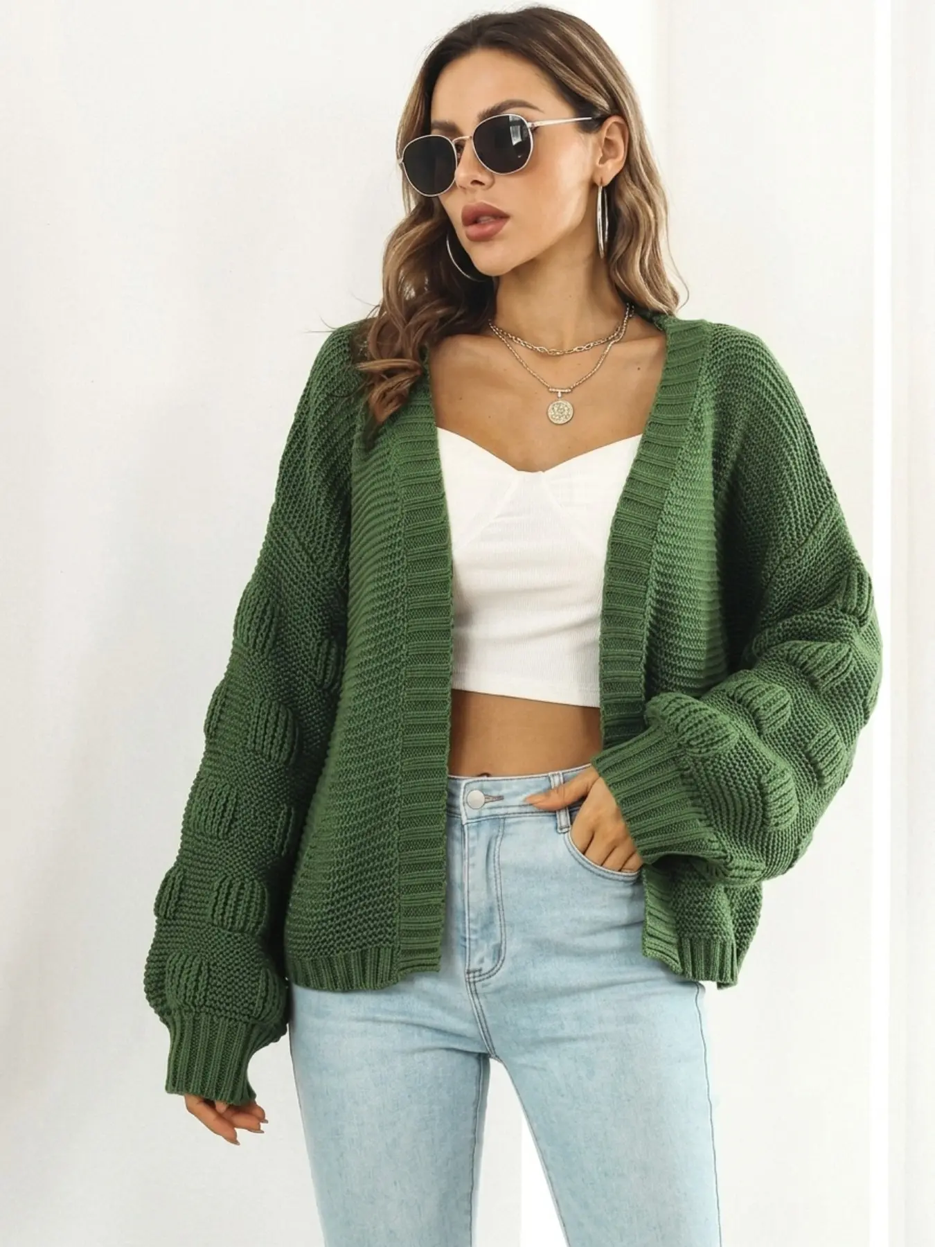 New Autumn Winter Retro Embossed Women Knit Cardigan, Loose Fit Bubble Sleeve, Short High Waist, Soft Thick Texture, Casual Fashion