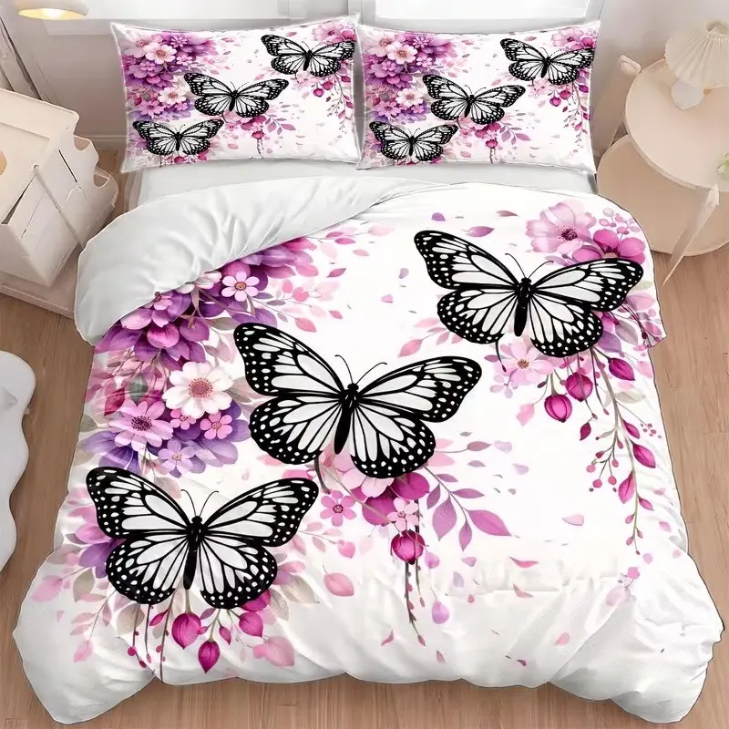 3pc Butterfly Floral Bedspread Set, Cozy Bedding Set, Twin Size, Hidden Zipper Design, Romantic Pattern, Soft & Cozy Bed Linen