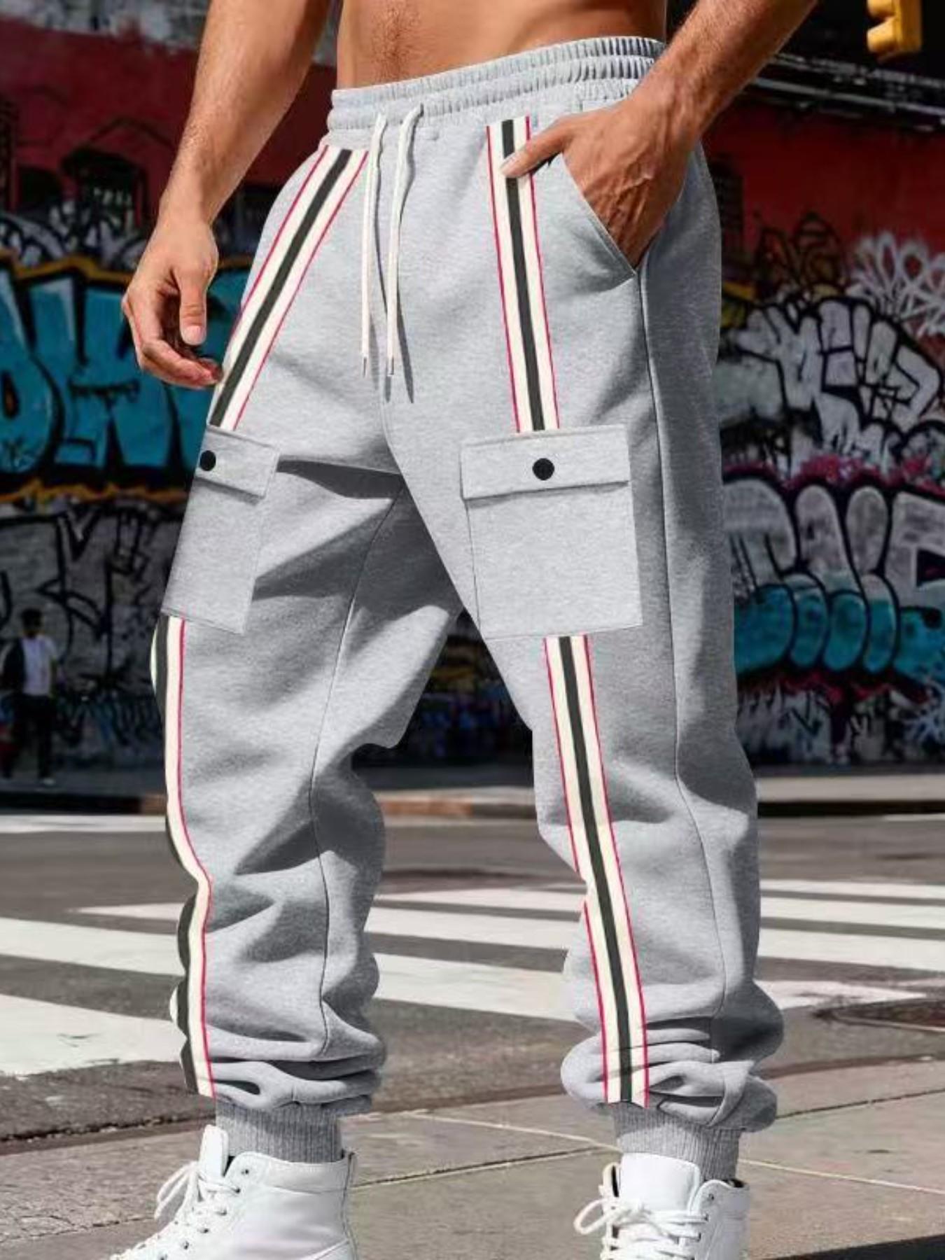 Men's Striped Cargo Jogger Pants, Casual Drawstring Waist Sweatpants, Flap Pockets, Streetwear Track Pants for Men, Comfortable and Stylish
