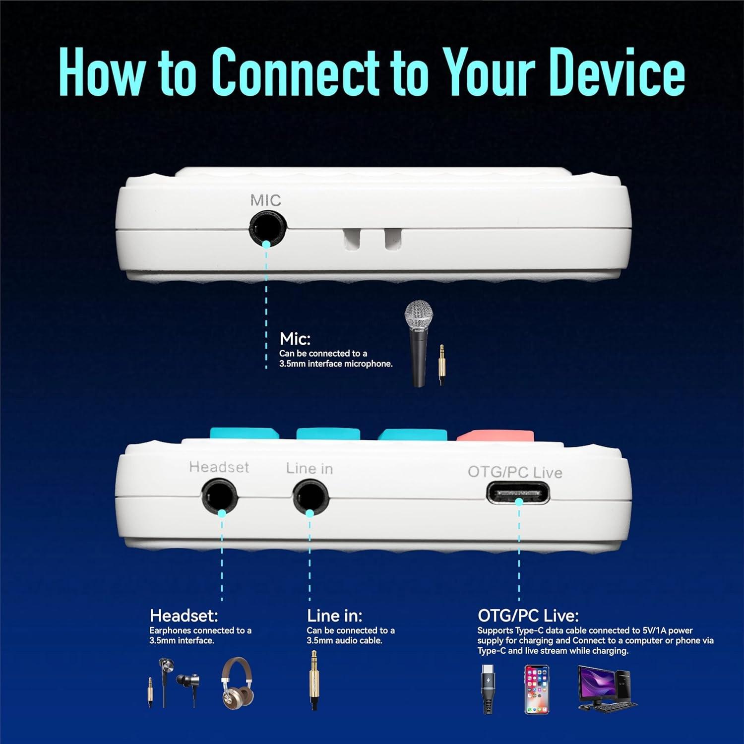 Portable Handheld Sound Card Set, Mini Audio Mixer with 12 Sound Effects, Real-Time Voice Change, Reverb & Vocal Enhancement, Bluetooth/AUX/Type-C/iOS Compatible, Condenser Mic & Monitor Headphone Bundle for PC Mobile Phone, Perfect for Podcast, Singing,