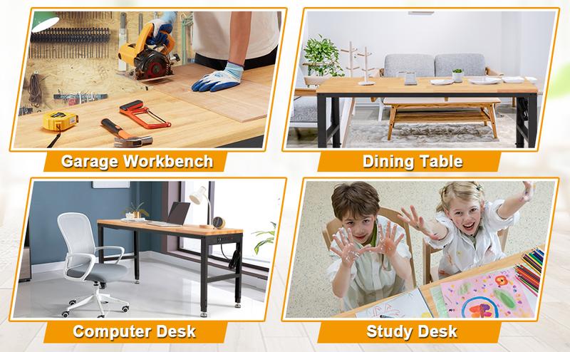 Height Adjustable Workbench 60" 2000 Lbs Capacity Solid Wood Work Station Heavy-Duty Work Tables with Power Outlets for Garage Party Shop Office