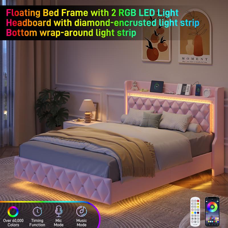 Floating Twin/Full/Queen Bed Frame with LED Light, Upholstered Platform Twin Bed with Charging Station & Wingback, Diamond Tufted Storage Headboard & Footboard, PU Leather, No Box Spring Needed, White/Pink Floating Twin/Full/Queen Bed Frame with LED Light, Upholstered Platform Twin Bed with Charging Station & Wingback, Diamond Tufted Storage Headboard & Footboard, PU Leather, No Box Spring Needed, White/Pink
