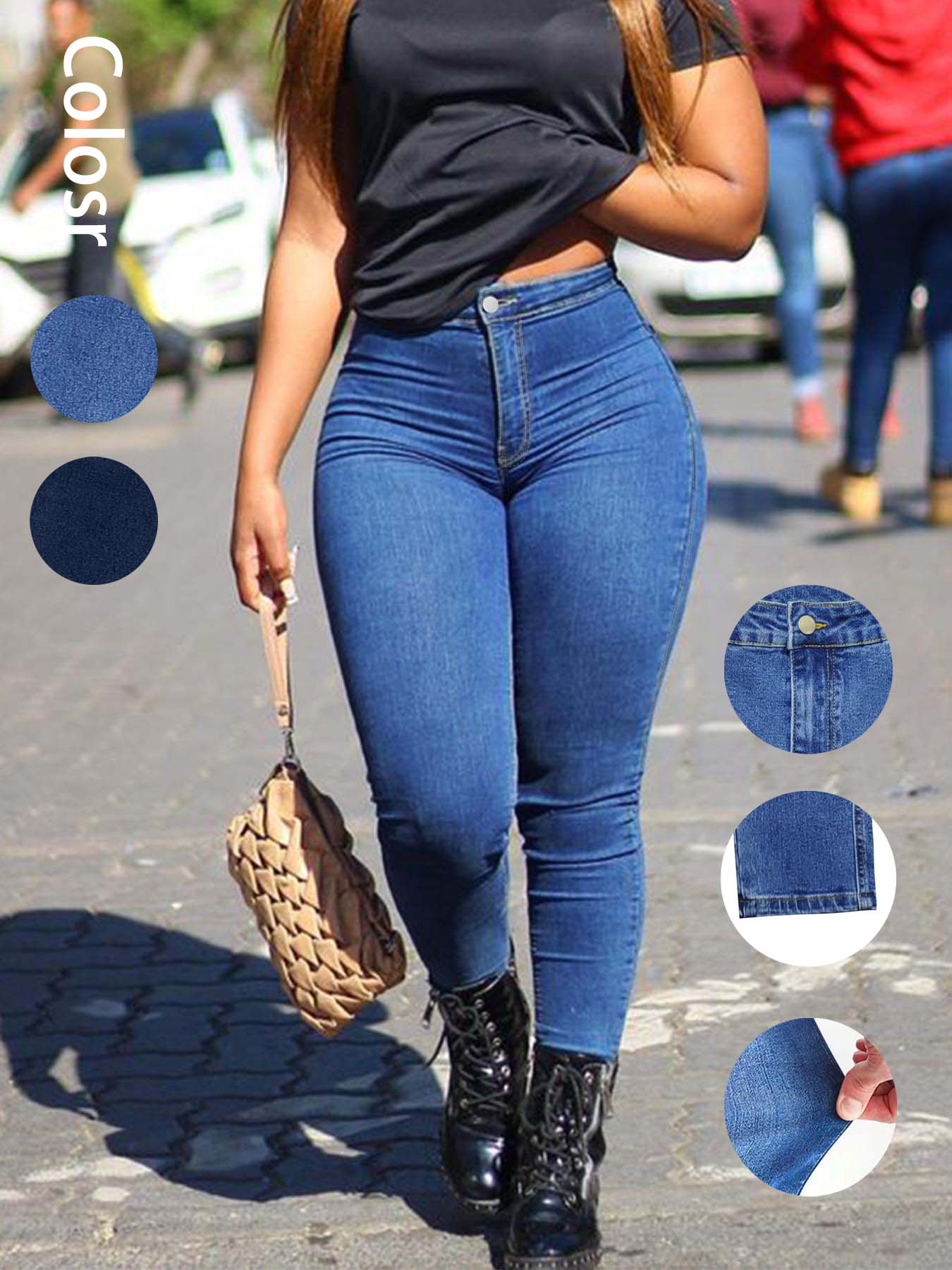 Women's Plain Button Fly Zipper Pocket Skinny Jeans, Fashion Casual High Waist Denim Pants for Daily Outdoor Wear, Ladies Bottoms for All Seasons