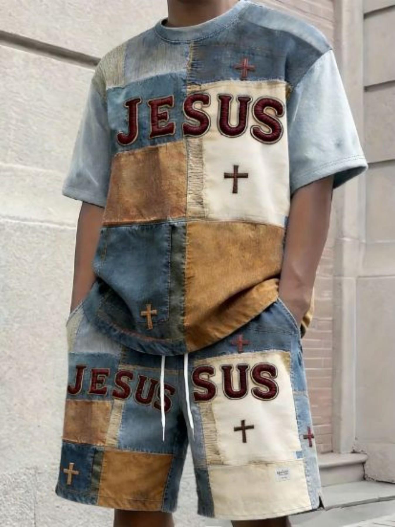 Men's Casual Summer, Contrast Color Denim Washed Print, Short Sleeve T-Shirt and Shorts Set, 2-Piece Ensemble for Warm Weather