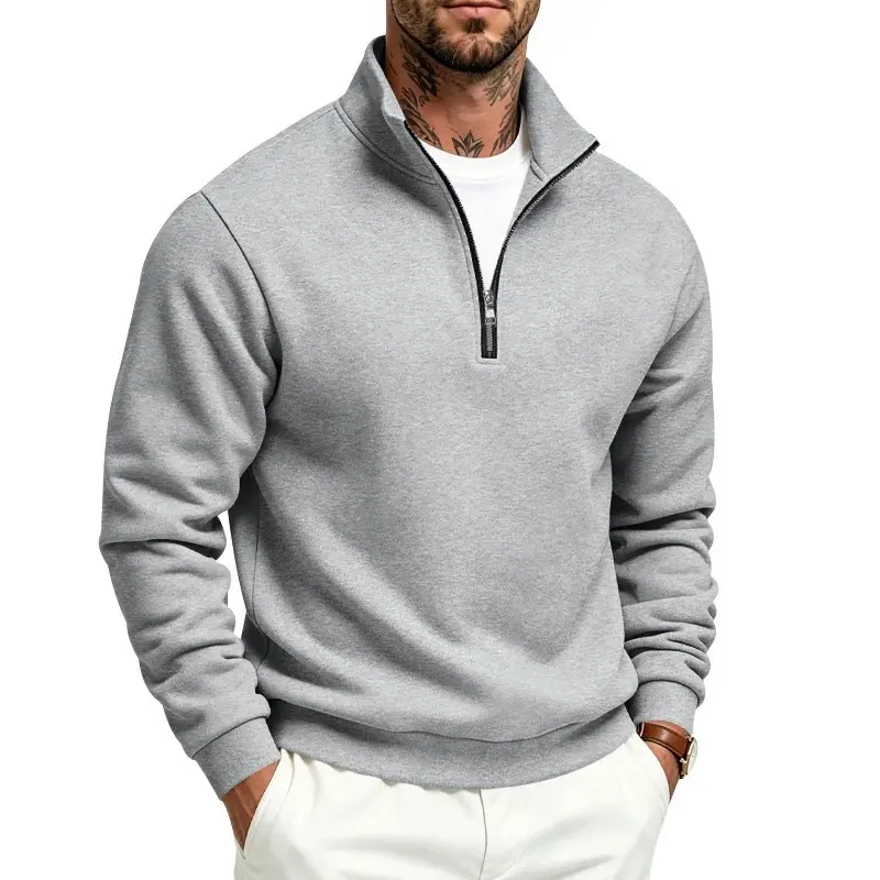 Men's Quarter-Zip Stand Collar Fleece-Lined Loose Fit Casual Longsleeves Basics Sweatshirt, Minimalist Fabric Athletic Pullover, Warm Fall Winter Streetwear for Daily Wear, Outdoor Activities