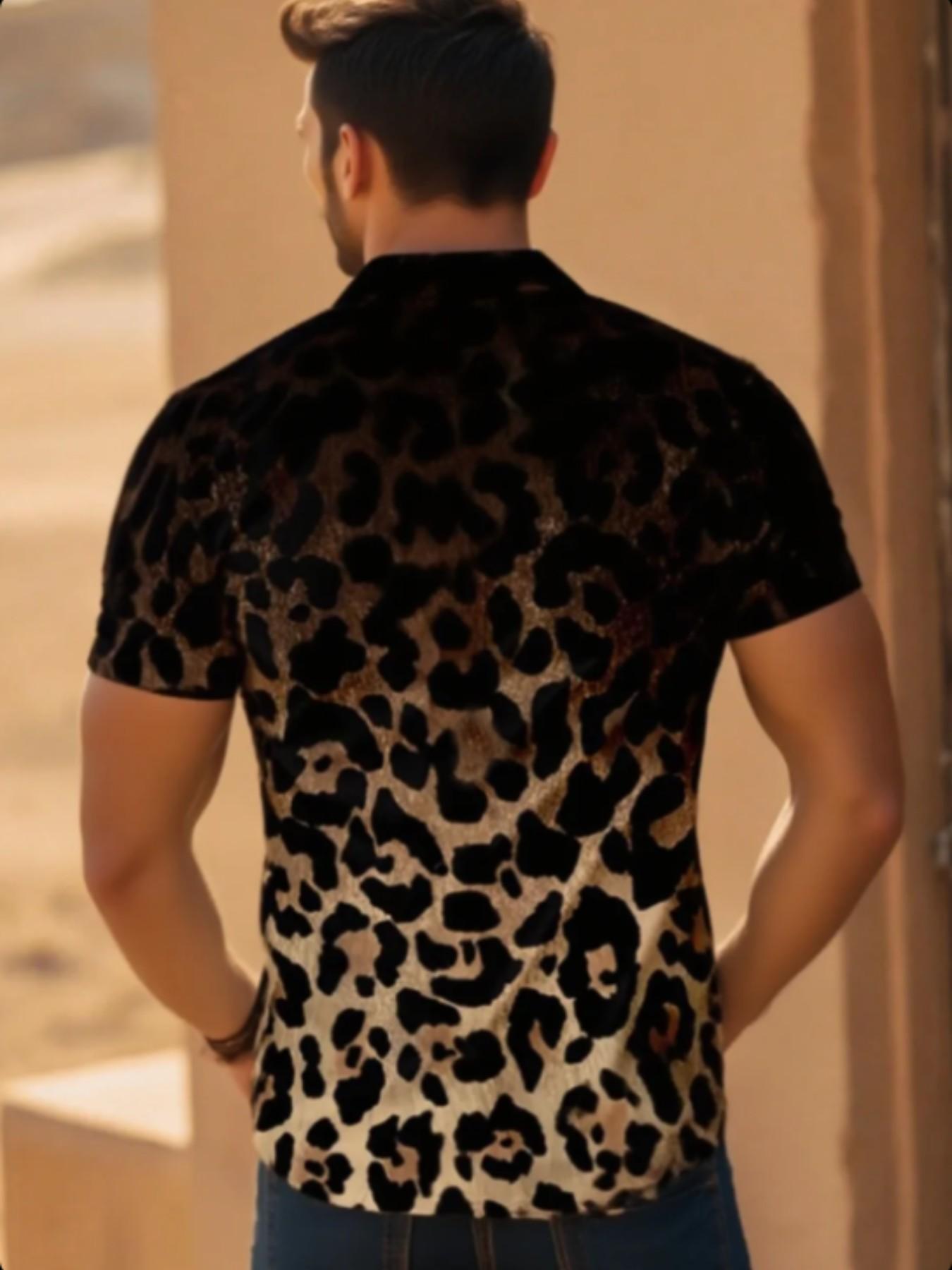 Men's Summer Leopard Print Short Sleeve Shirt, Slim Fit Casual Button Down Top, Trendy Streetwear Fashion, Versatile Daily Wear