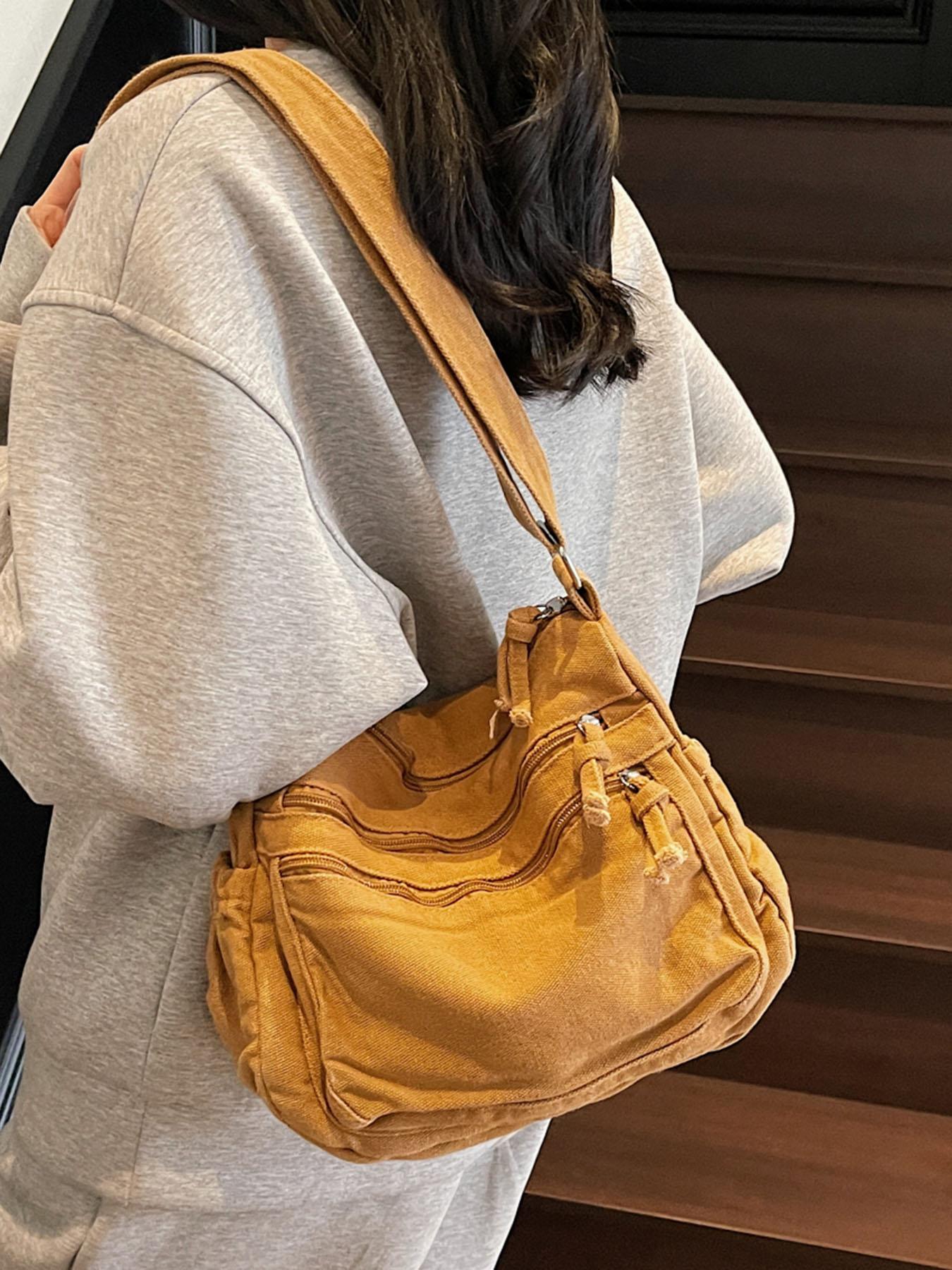 Niche design retro denim washed shoulder messenger bag, multiple zipper pocket design adjustable shoulder strap messenger bag, workwear style fashion trend versatile multi-color selection, suitable for daily commuting, Canvas Crossbody Bag, etc.