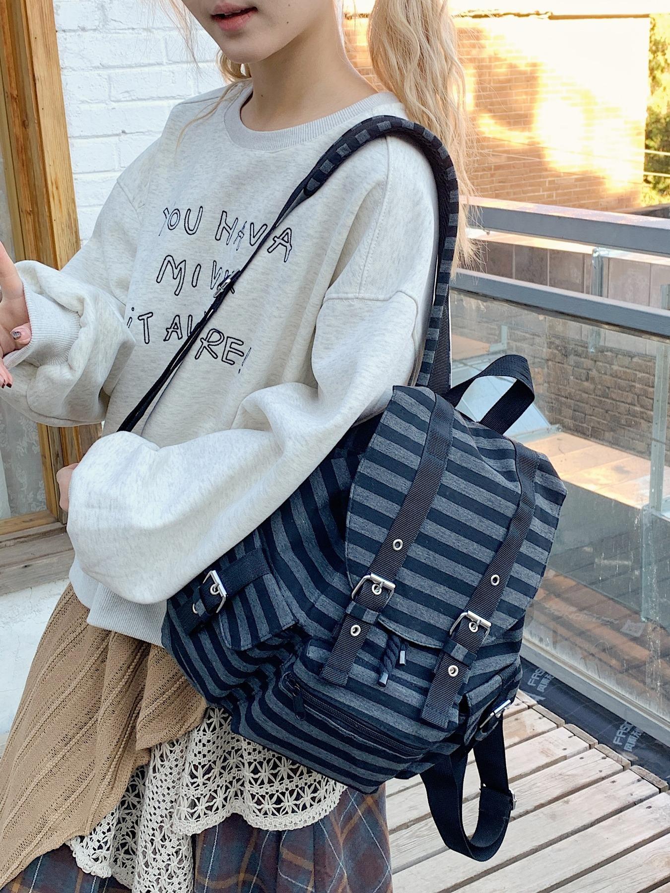Vintage Striped Canvas Backpack for Teen Girls - Washed Retro School Bag with Multi Compartment Design, Aesthetic Bookbag for Junior High to College Students