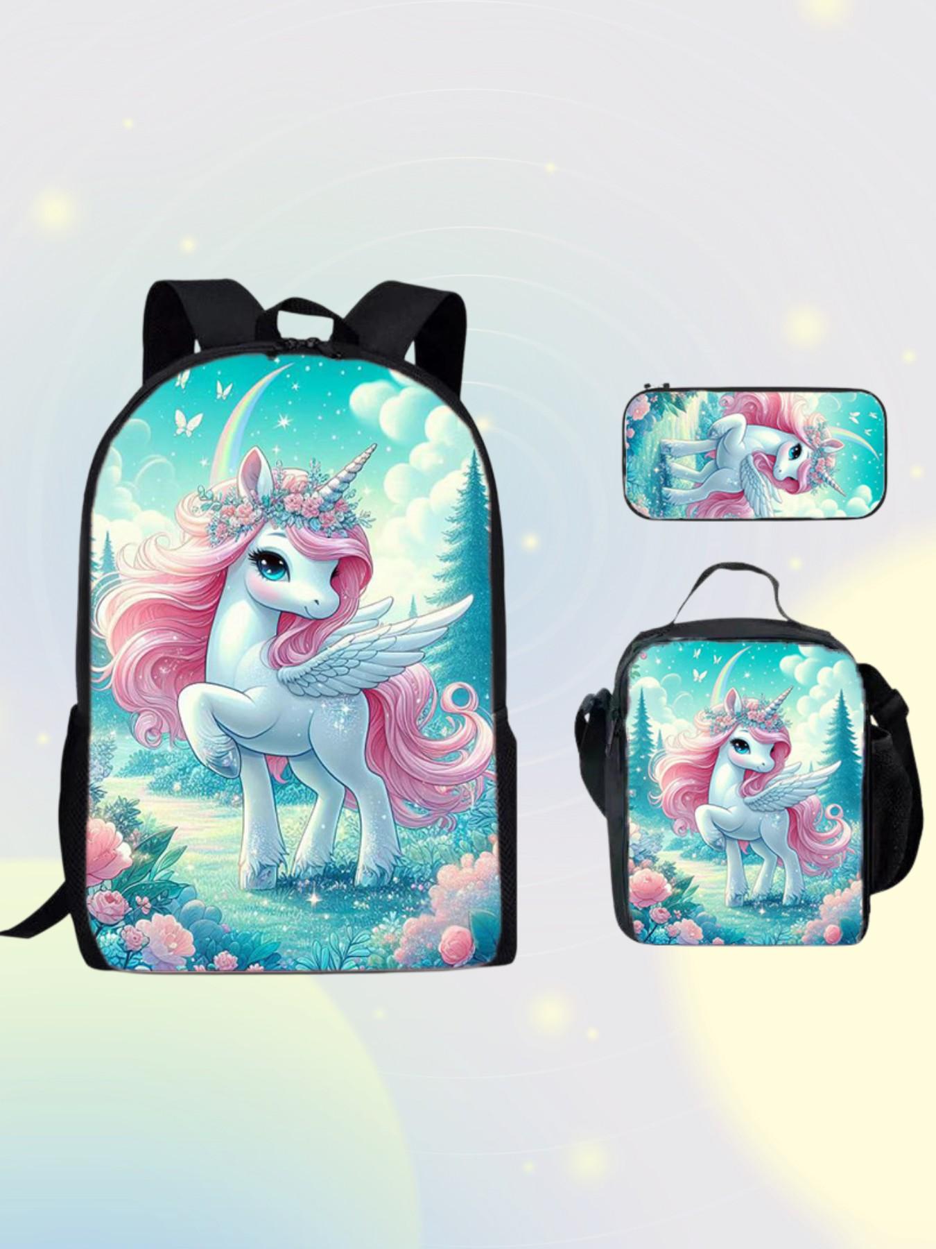 Unicorn Backpack Set for Girls, 3 Piece School Bag with Lunch Box and Pencil Case, Magical Princess Bookbag, Ideal Gift for Back to School