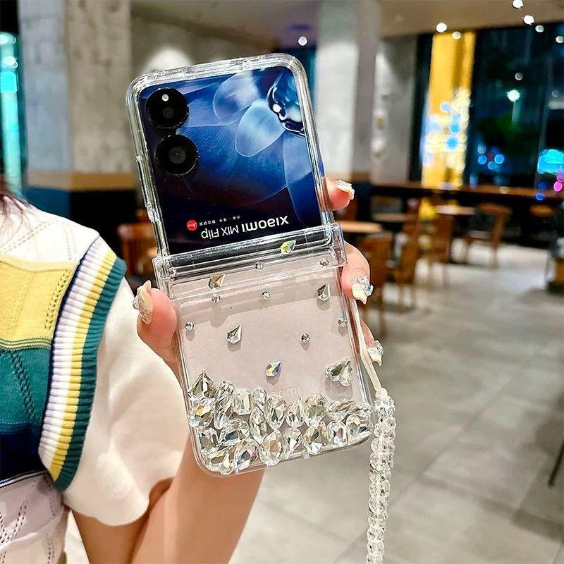 Clear Rhinestone Foldable Phone Case With Chain For Samsung Galaxy Z Flip3/Z Flip4/Z Flip5/Z Flip6/Z Flip7, Shockproof Cover