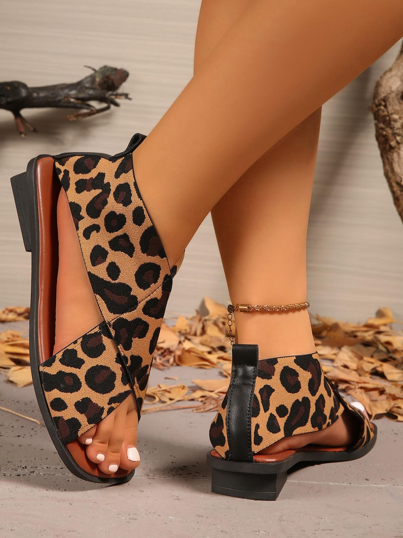 New Leopard Print Cross Strap Wedge Sandals, Square Toe Open-Toe Design, Comfortable Fit, Pull Ring for Easy On/off, All Seasons