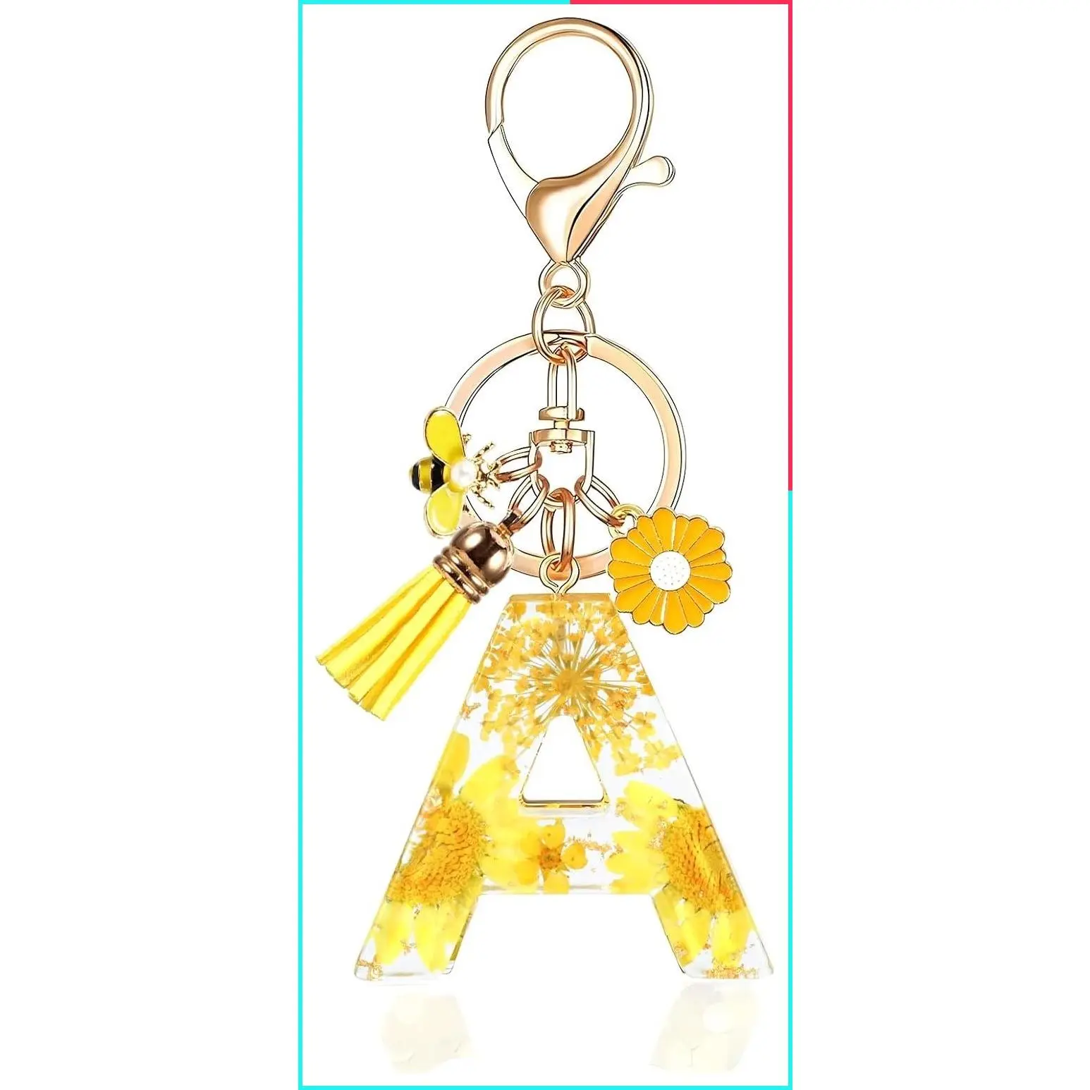 Initial Letter Keychain Resin Alphabet Keyring with Yellow Petals & Gold Foil, Key Ring Charm Accessory