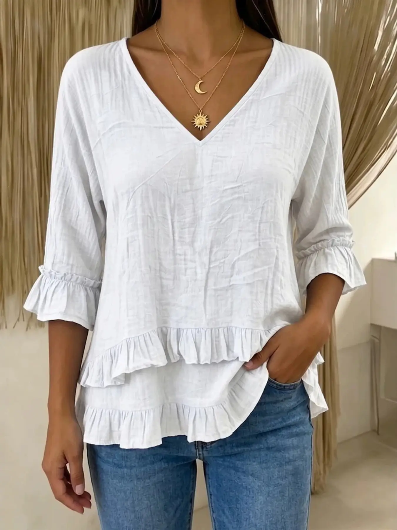 2026 New Women’s Solid Color Pleated Casual Ruffle V-Neck Top, Long Sleeve Loose-Fit T-Shirt, Fashionable for All Seasons