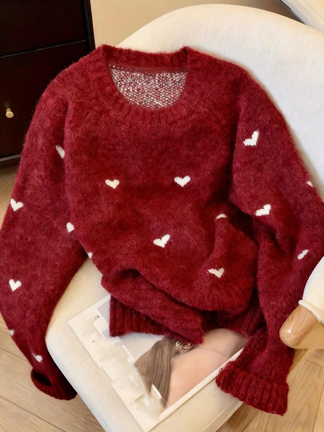 Plus Size Women's Fall Winter Heart Pullover, Chic Long Sleeve Drop Shoulder Knitwear Knitting, Cozy Crew Neck Sweater for Casual Daily Wear Tops