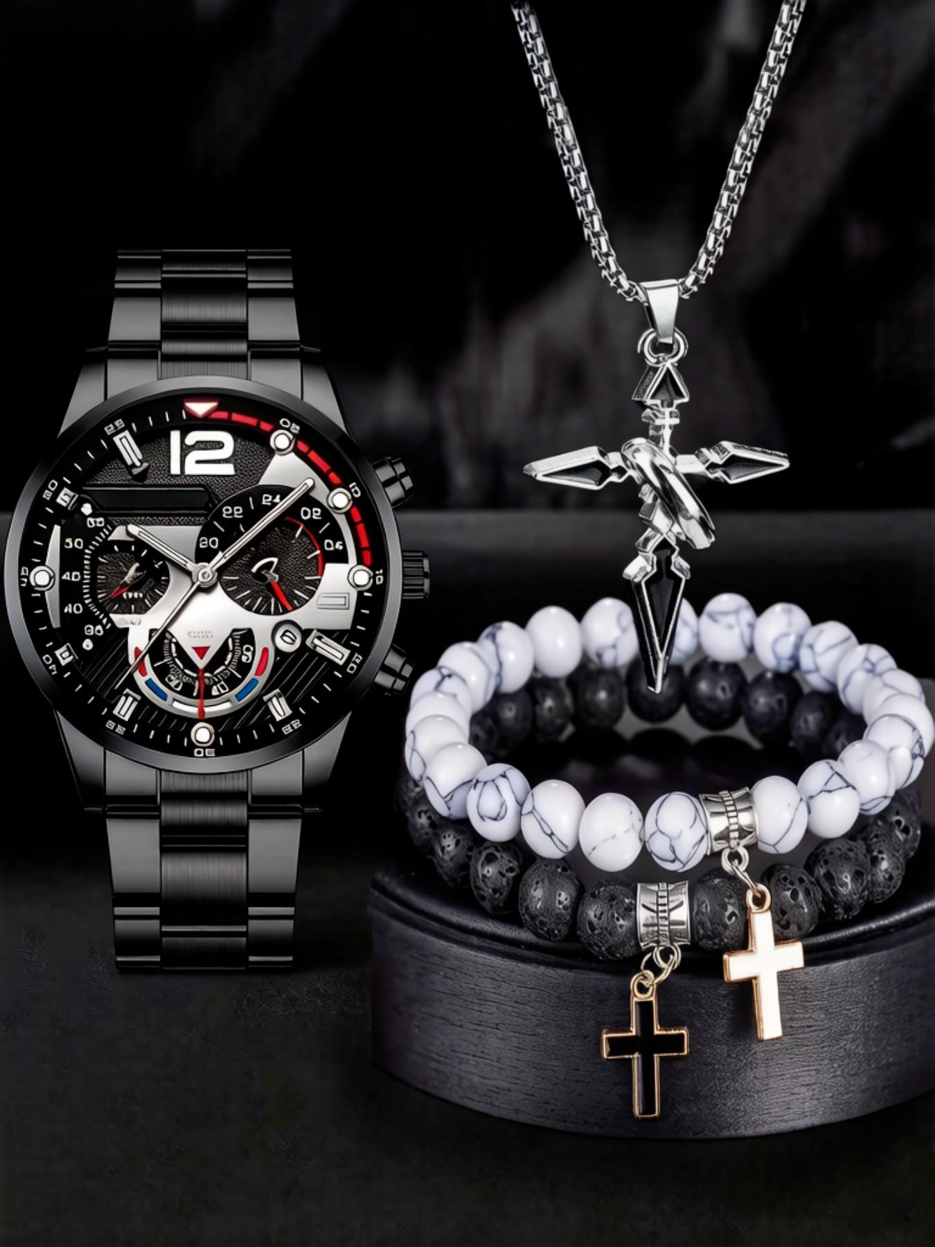 Men's Watch & Bracelet & Pendant Necklace Set,Stone & Cross Charm Decor Beaded Set, Stackable Bracelets, Fashionable Jewelry for Women & Men, Trendy All-match & Exquisite Jewelry for Birthday Gift