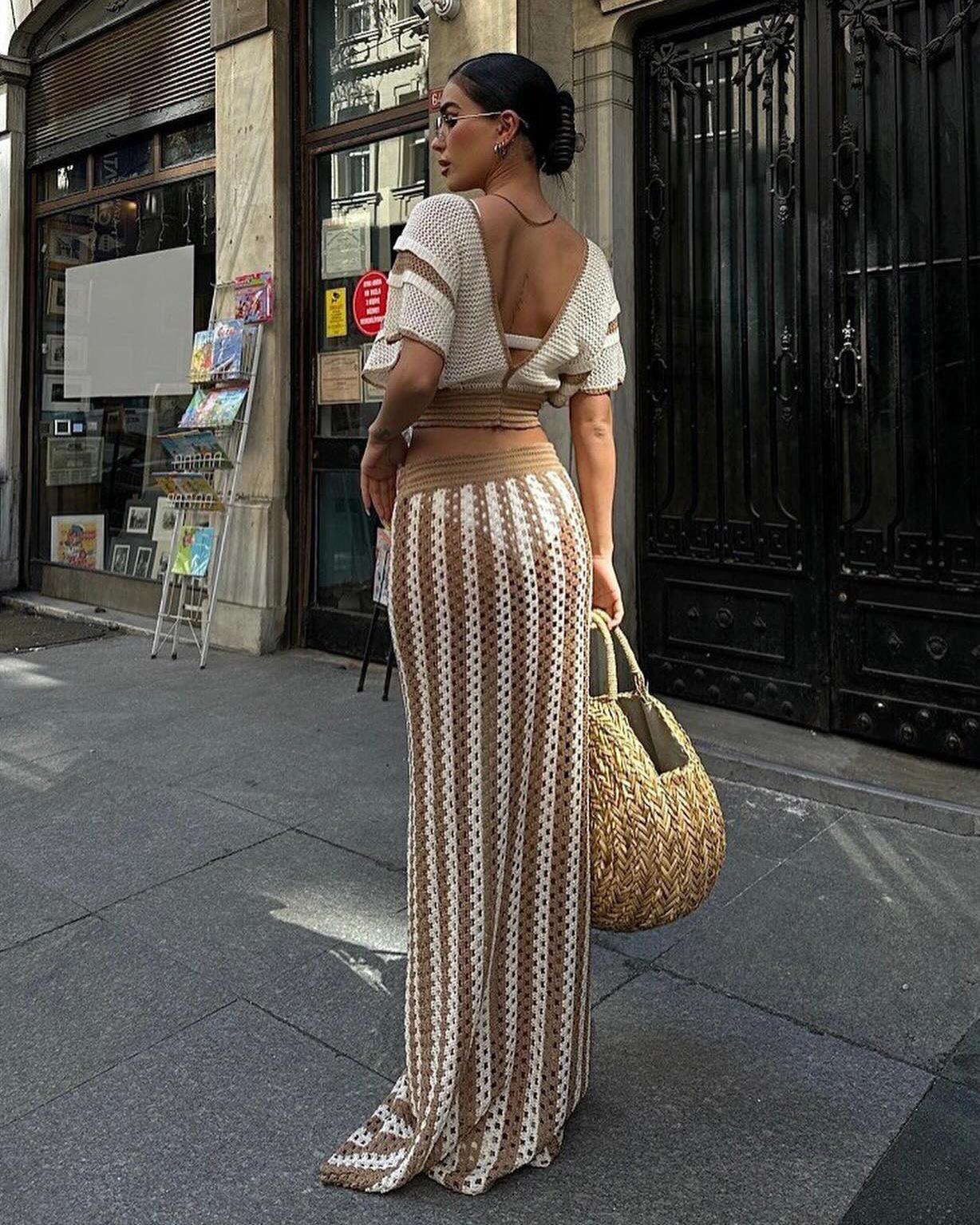 Skirt Sets Women 2 Piece Outfits Crochet Crop Tops and Striped Maxi Skirt Vacation Outfit Hawaiian outfit Featuring an openwork knit texture design Suitable for vacations, beaches, and cruises Valentine's Day