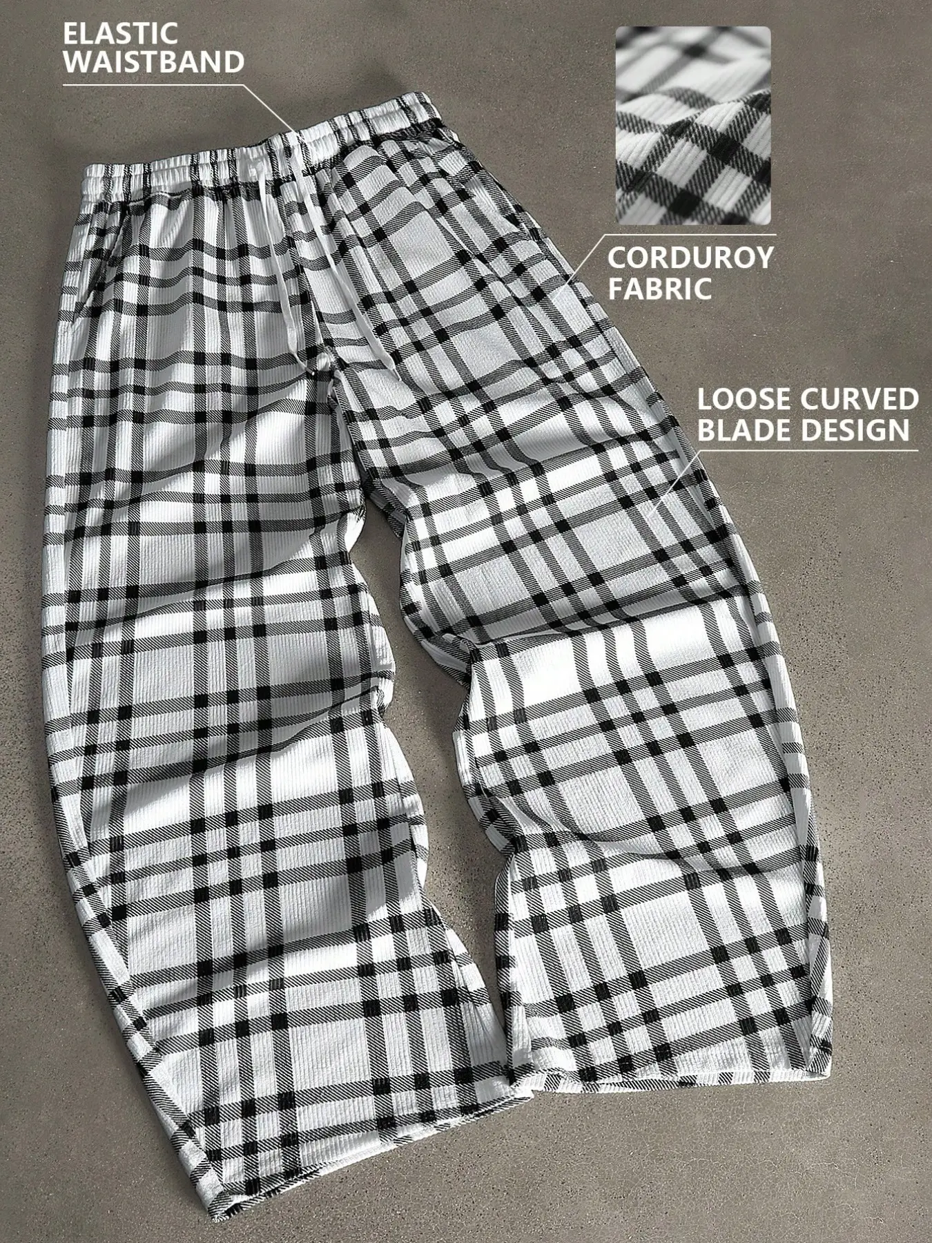 Men's Plaid Corduroy Wide Leg Pants, Loose-Fitting Drawstring Waist Casual Trousers, Vintage Check Long Pants, All Seasons Fashion