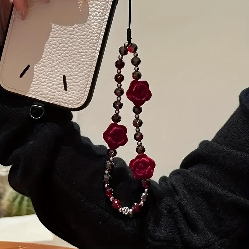 1pc Gothic Red Velvet Rose Bead Phone Pendant - Stylish Acrylic Keychain and Bag Hanging Ornament with Intricate Floral Design, Perfect for Phones and Accessories, Keychain Phone Pendant, Phone Charm, Phone Accessory