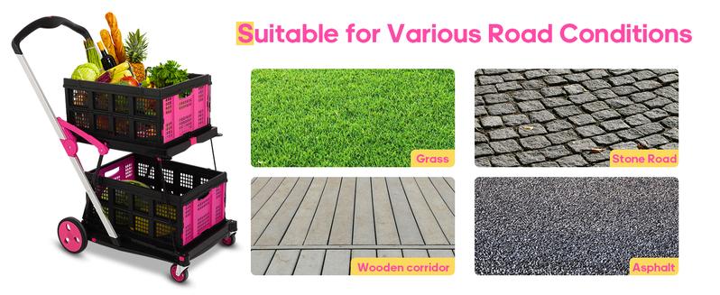 Foldable Utility Cart with Wheels,2 Layers Multifunctional Folding Cart for Cosmetic Organizer,Grocery,Office,Warehouse,Garden, Double Layers Foldable Shopping Cart,Folding Trolley for Luggage Heavy Duty(Blue/RED/PINK/Purple)