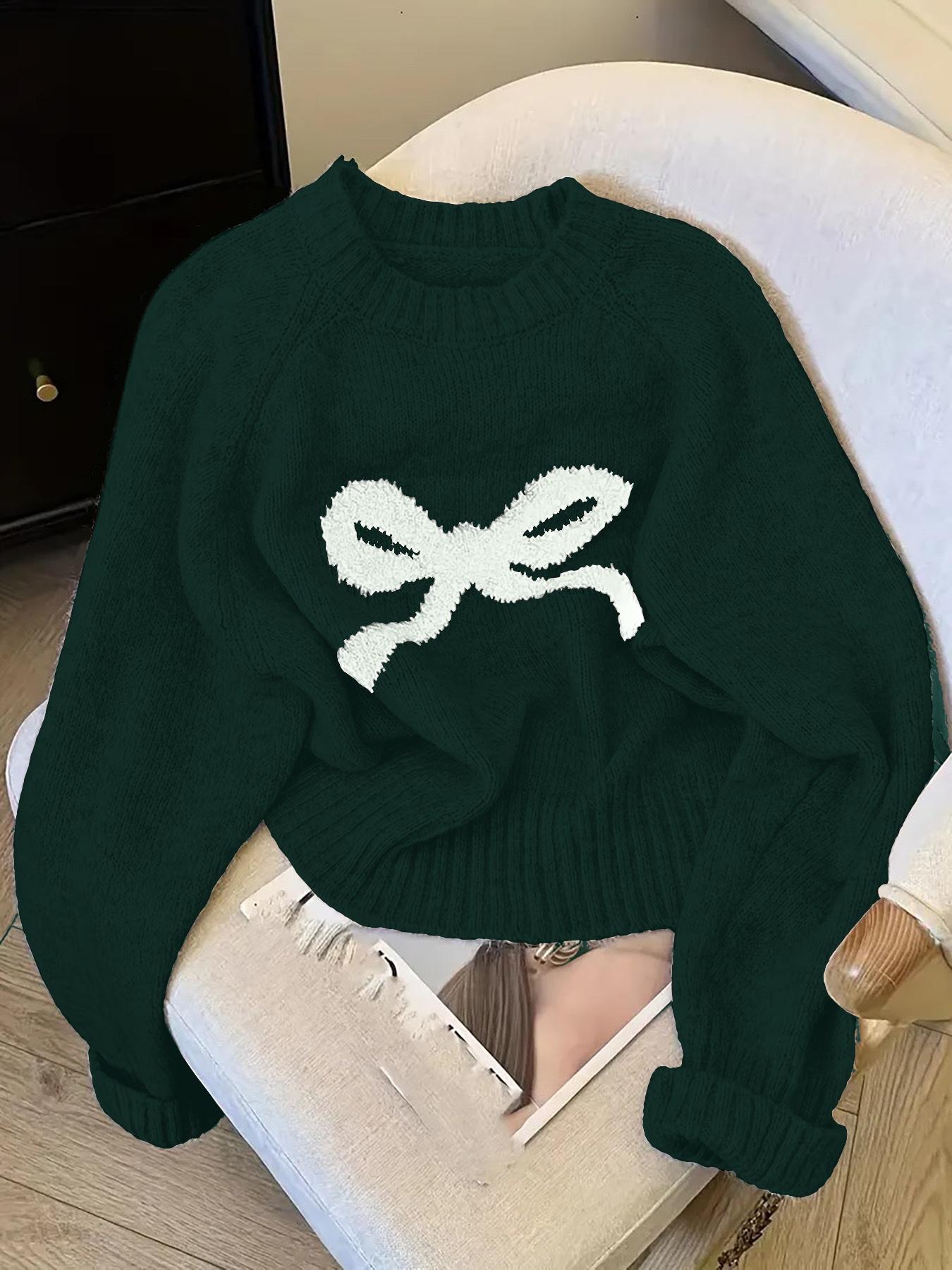 Women's Butterfly Knot Round Neck Sweater, Fall & Winter Thick Knit Top, Sweet Style Loose Fit, Elegant Cardigan for Valentine's Day, Womenswear, Knitwear