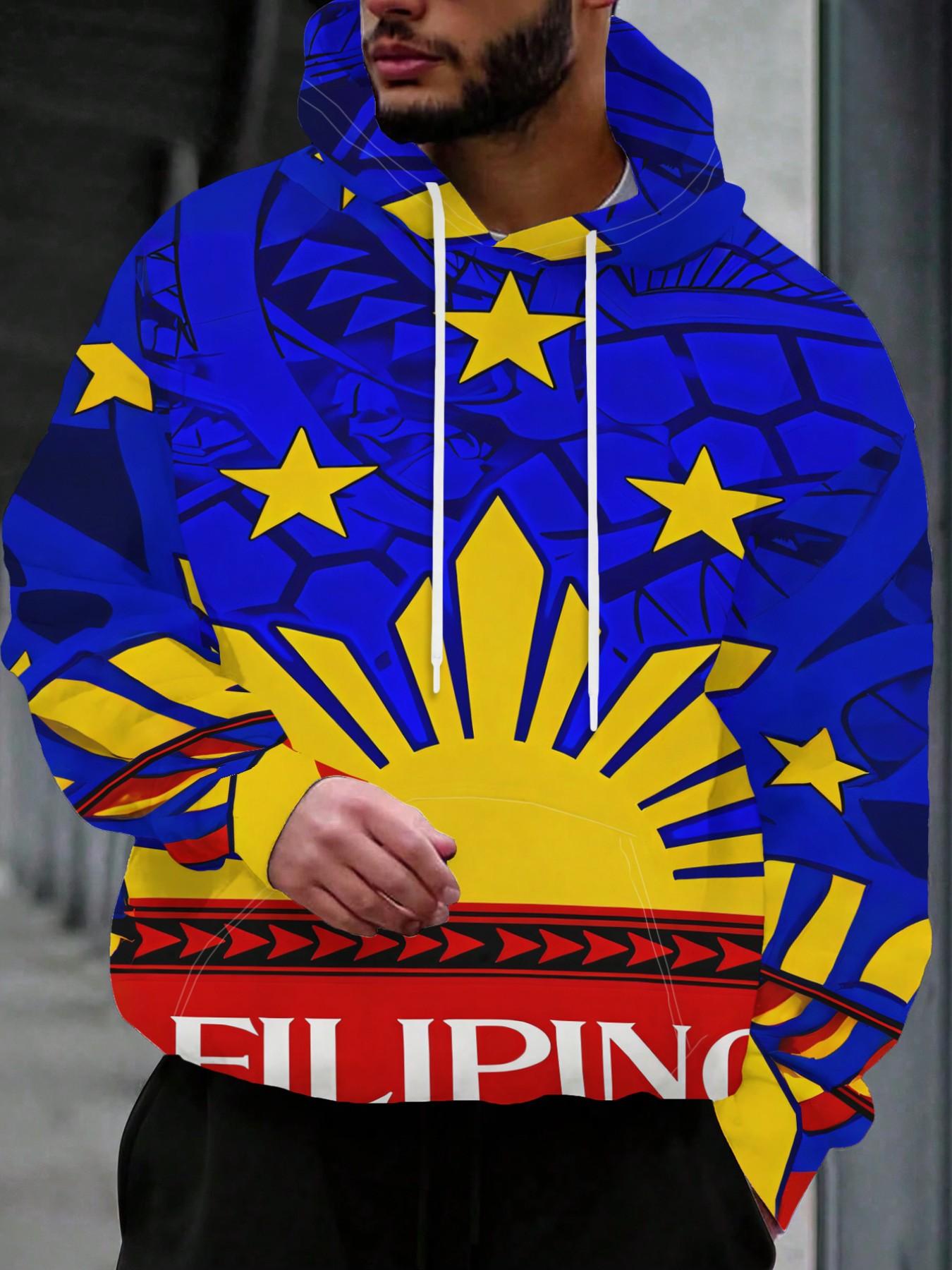 Men's Hooded Sweatshirt with Filipino Design, Sun Star Text Print, Vintage Tribal Pattern, Loose-Fit Casual Top
