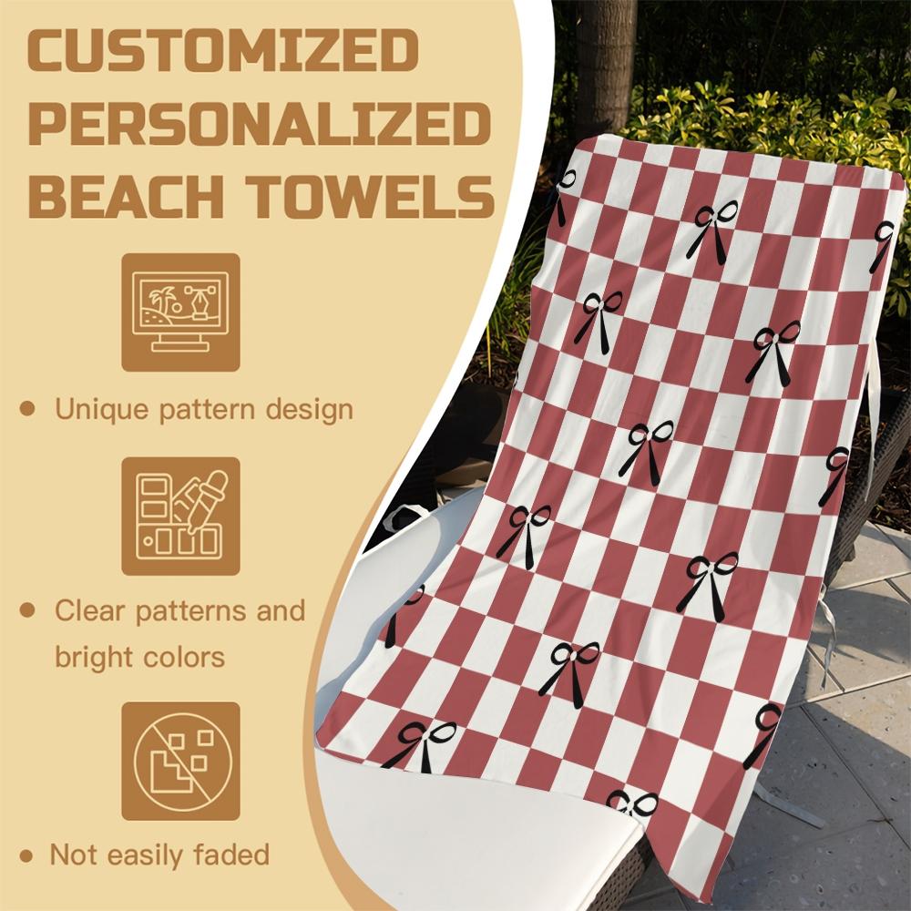 Cute Bow Print Beach Towel, Microfiber Quick Dry Towel with Heart Checkerboard, High-Value Aesthetic Gift for Girls