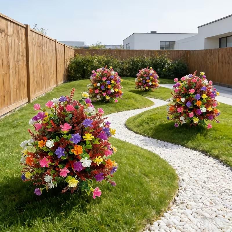 Summer Artificial Colorful Camellia Bouquet with Stake, Outdoor Festival Decor, Garden and Lawn Placement, Spring/summer, Outdoor Fake Flowers