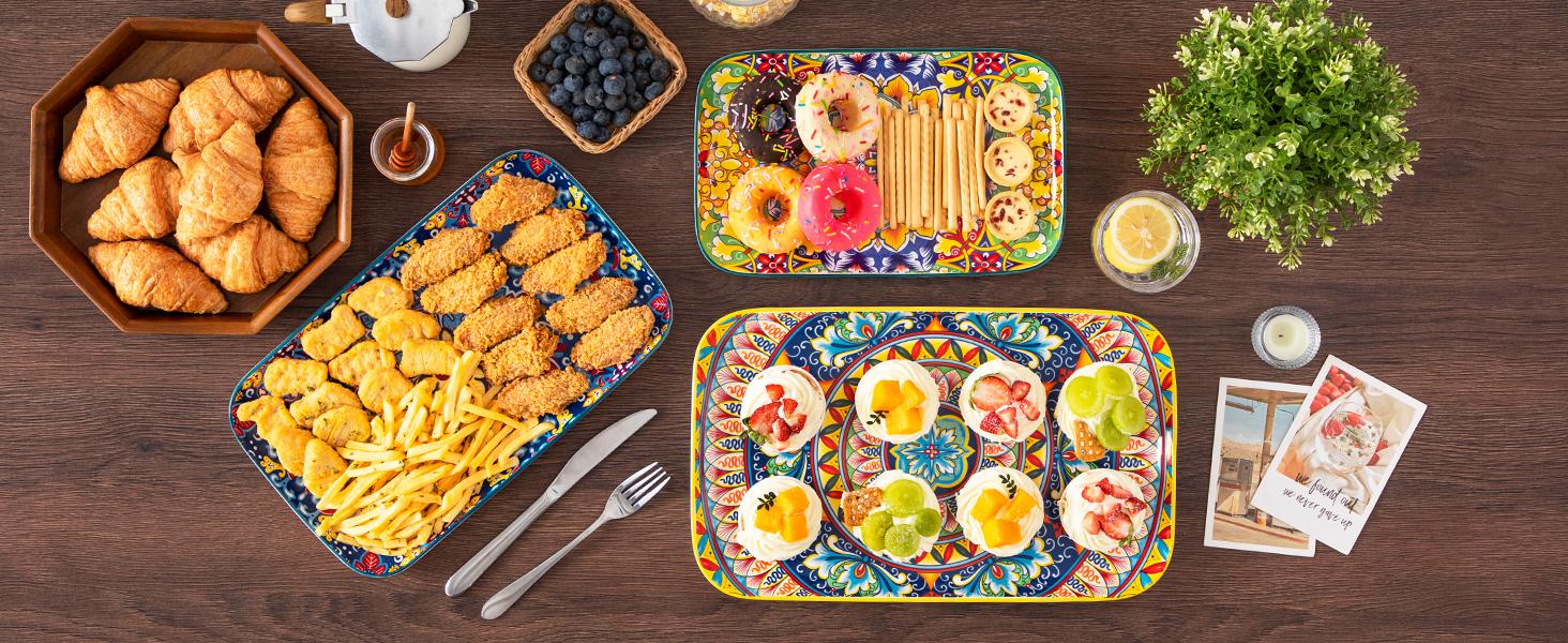 vancasso Simi Serving Platters & Plates Set – 3 Piece Rectangular Trays or 6 Piece Dinner Plates, Bohemian Ceramic Dish Set for Entertaining, Microwave & Dishwasher Safe Porcelain Dinnerware