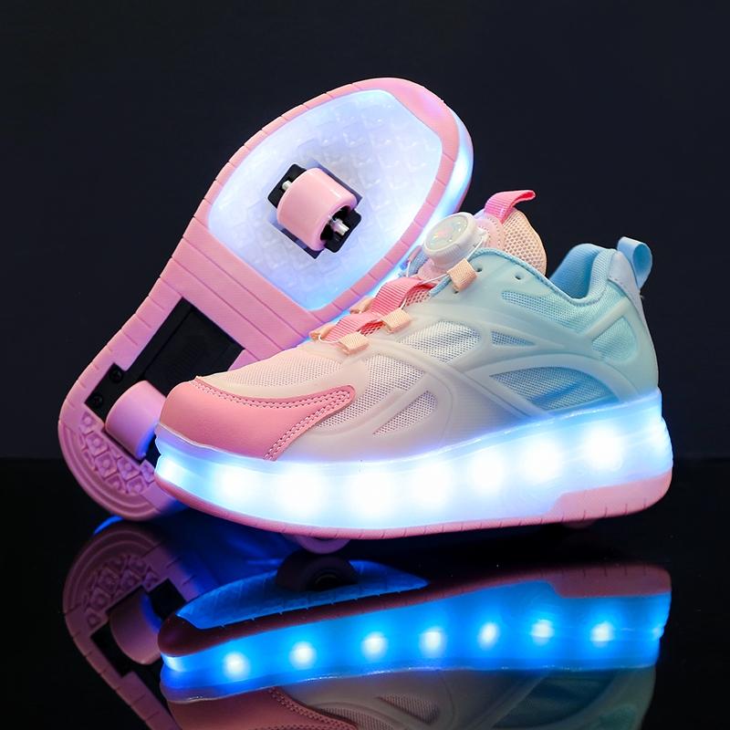 16 Color Modes USB Rechargeable LED Roller Shoes for Boys Girls, EUR 28-40 Rotary Buckle Breathable Mesh Light Up Wheels Sneakers, Kids Teens Luminous Roller Skates Shoes, Single Double Wheels Heelys for Outdoor Sports, Birthday Gifts for US EU KSA JP
