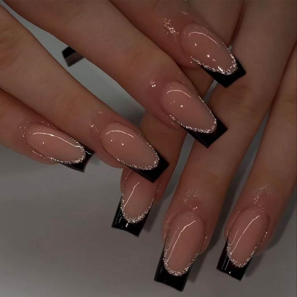 24pcs Medium Square Press-On Nails, French Style Glossy Finish, Reusable DIY Nail Art for Parties and Daily Wear, Shining Rhinestone, Nails Press Ons