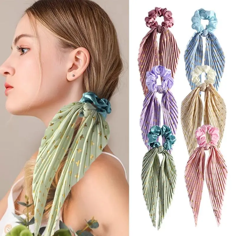 3PC Pleated Satin Scarf Scrunchie, Gold Foil Cross Print Bow Ribbon Hair Tie, Long Streamer Ponytail Hair Scrunchies for Women Girls