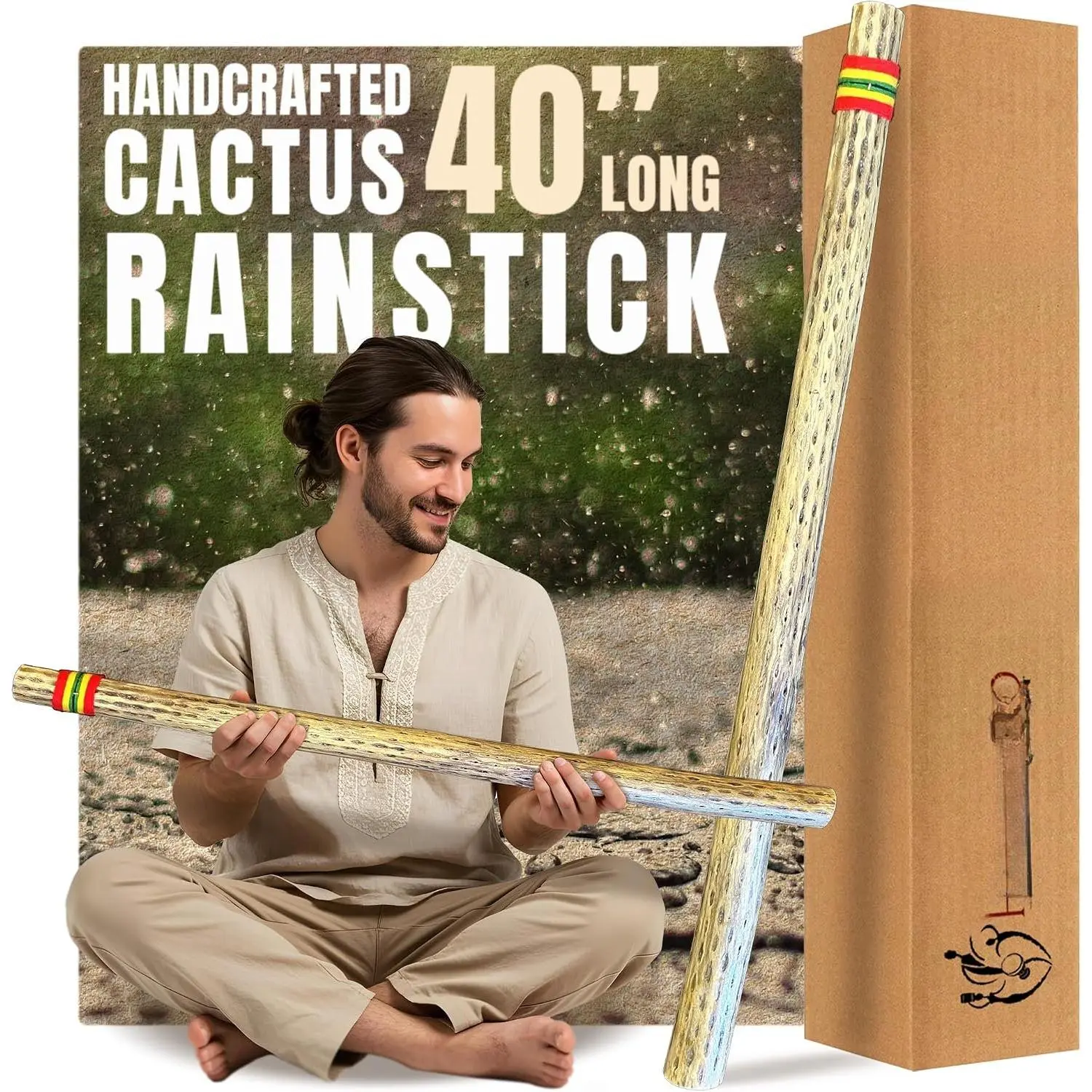 40" Cactus Rainstick from Chile - Authentic Handcrafted Rain Stick Musical Instrument with Rasta Yarn Wrap and Durable Sealant