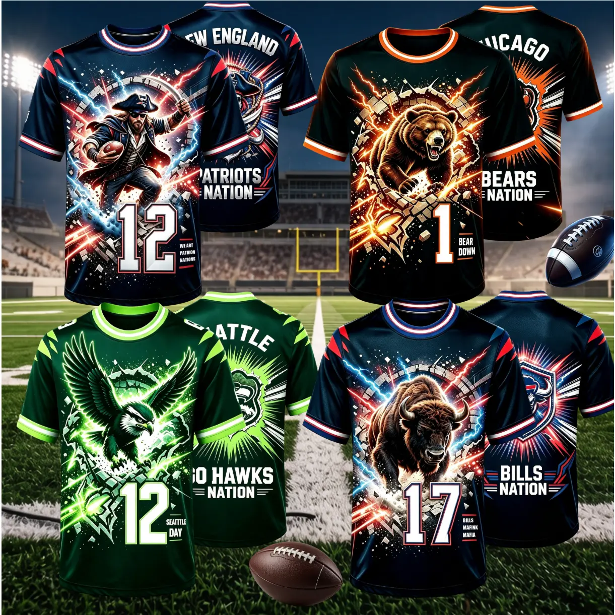 American football T-shirt with animal patterns, suitable for wearing on game days or in summer. It is an ideal gift for men, boys and sports enthusiasts.
