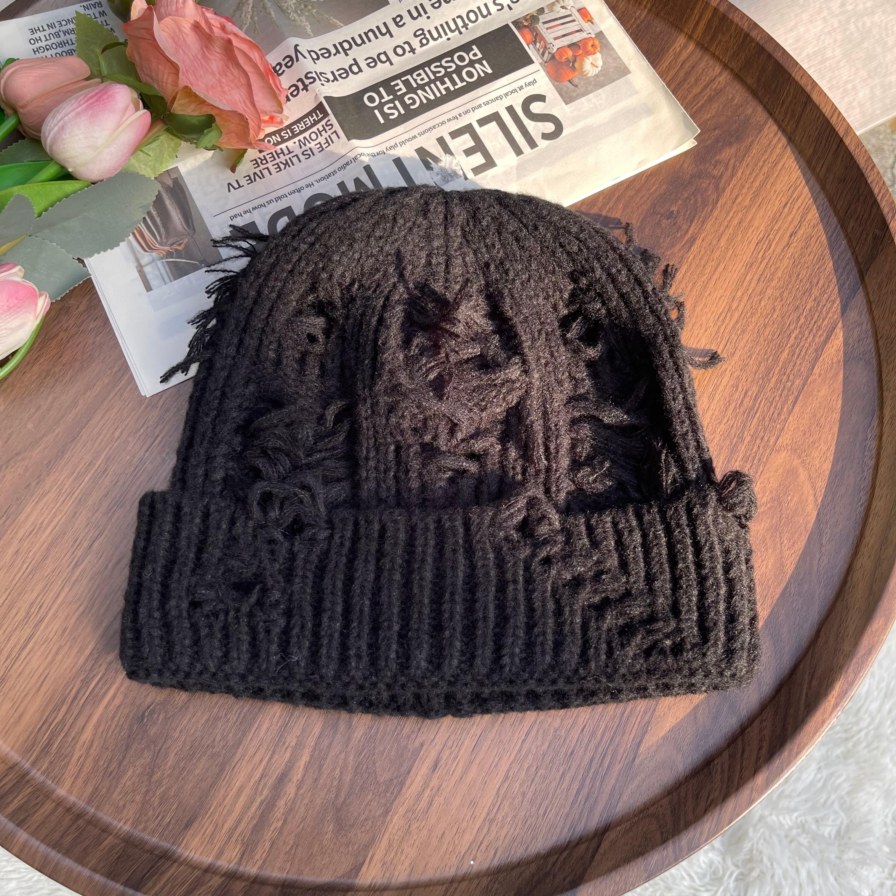 Vintage 90s Streetwear Grunge Wool Winter Beanie Hat Cap Oatmeal Brown Womens Y2K Distressed Knit Beanie Hat Grunge Skull Cap Vintage  main image 3