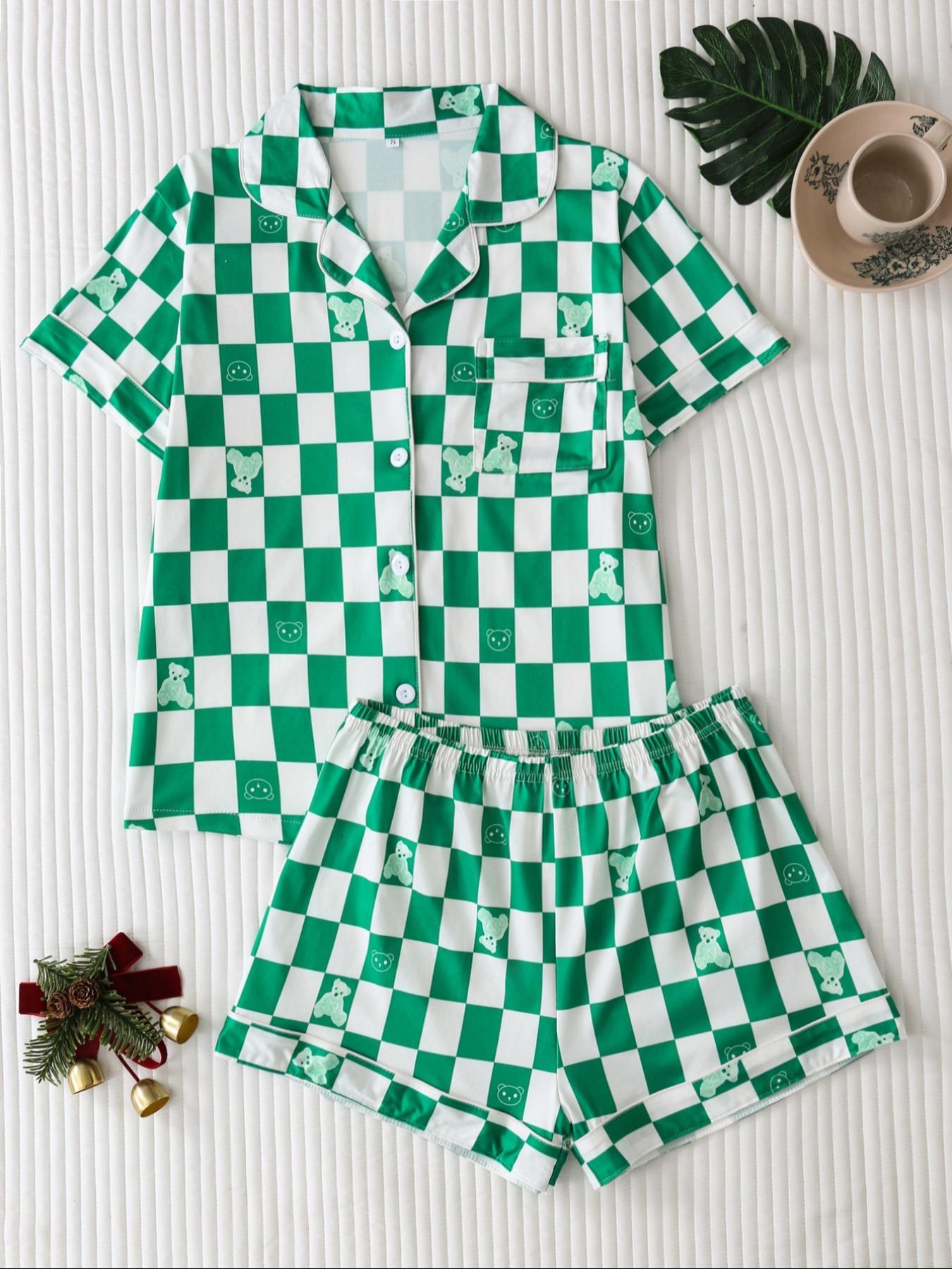 Women's Checkerboard Print Lapel Neck Pajama, Casual Comfy Short Sleeve Button Front Chest Pocket Design Top & Elastic Waist Shorts PJ Set, Ladies Summer Sleepwear Loungewear