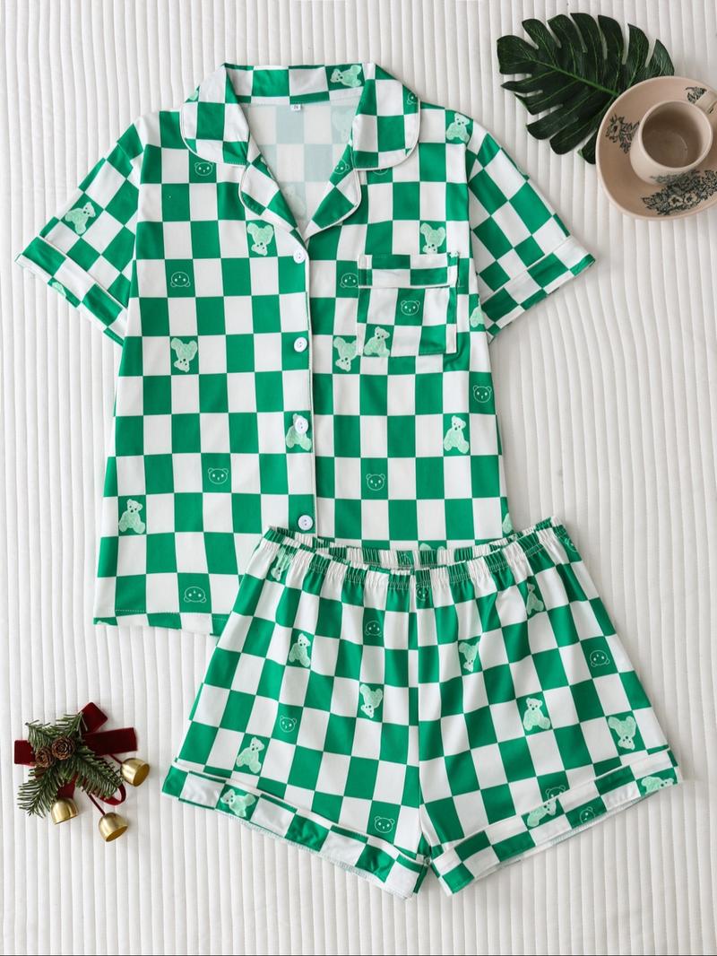 Women's Checkerboard Print Lapel Neck Pajama, Casual Comfy Short Sleeve Button Front Chest Pocket Design Top & Elastic Waist Shorts PJ Set, Ladies Summer Sleepwear Loungewear