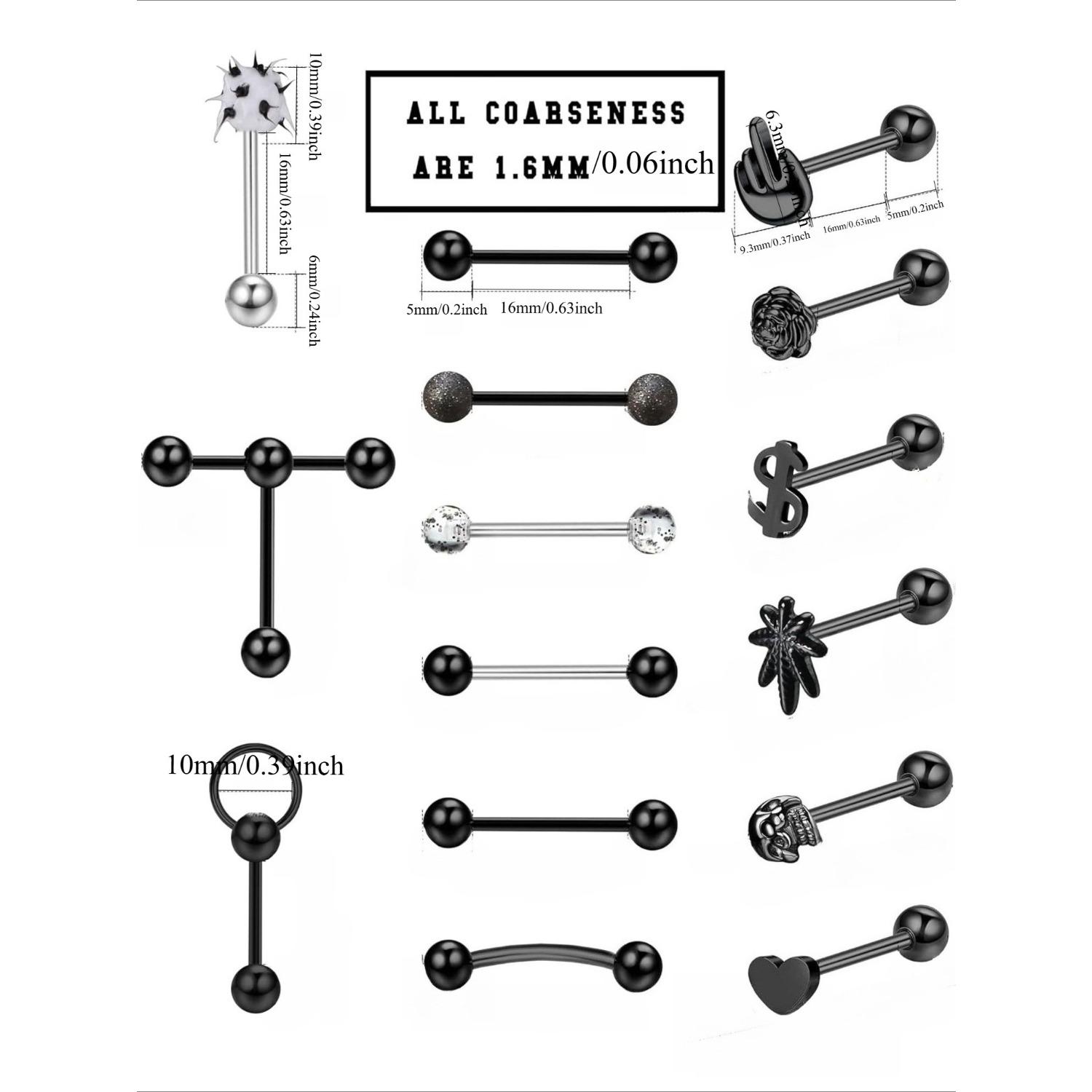 20Pcs 14G Tongue Rings for Women Men 316L Stainless Steel Skull Heart Tongue Piercing Jewelry