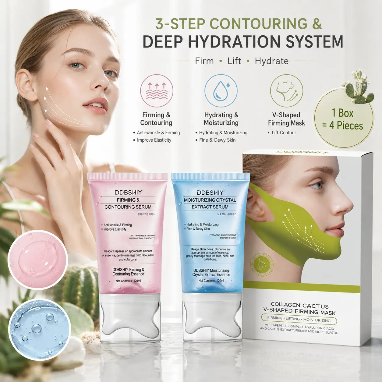 Three-Step Face and Neck Care Set, Firming Essence, Hydrating Serum, V-Face Lifting Mask, Reduces Fine Lines, Boosts Elasticity, Suitable for All Skin Types