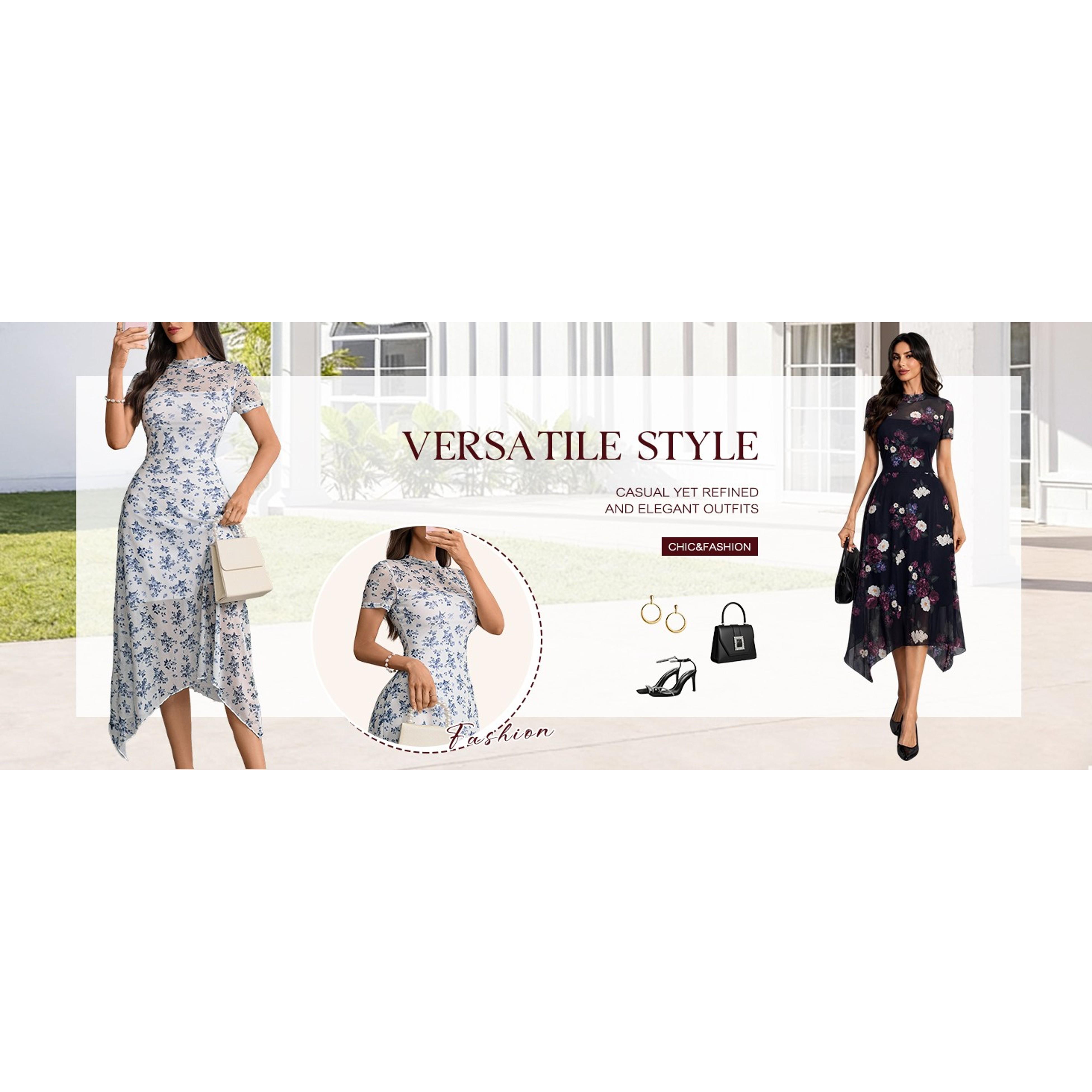Women's Vintage Goth Midi Dress - Floral Print, Mesh Spliced, Double-Layered, Irregular Hemline, Flower Accent, Slim Fit, for Wedding Guests, Party, Casual, Everyday Wear Women's Vintage Goth Midi Dress - Floral Print, Mesh Spliced, Double-Layered, Irregular Hemline, Flower Accent, Slim Fit, for Wedding Guests, Party, Casual, Everyday Wear