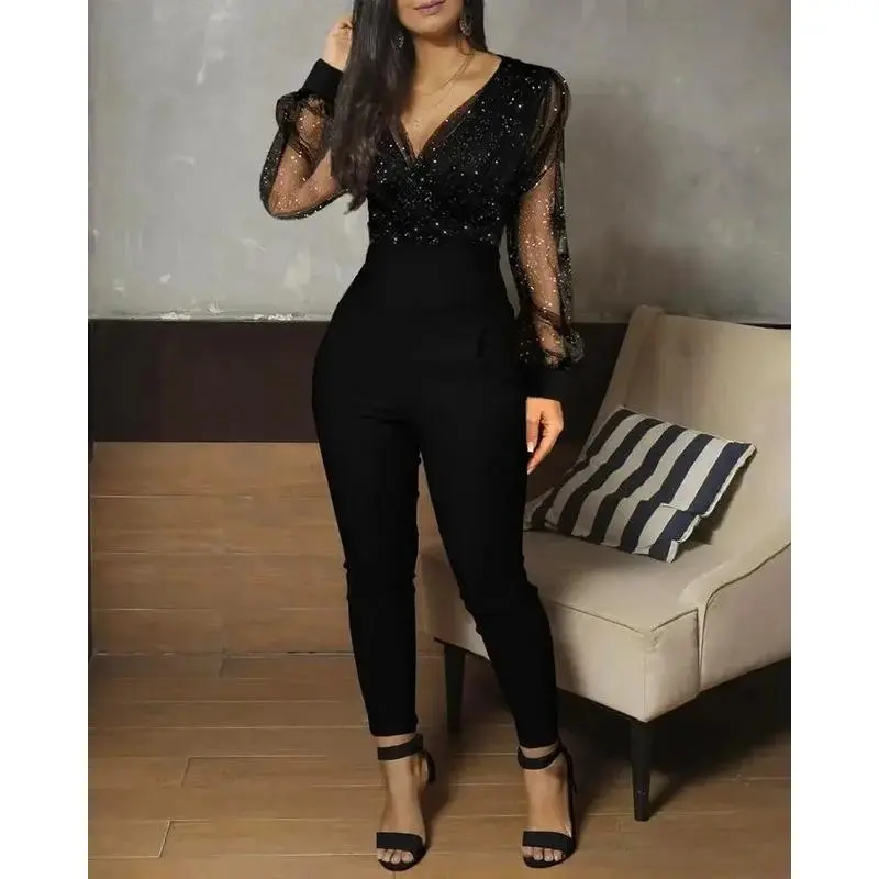 Women Fashion Elegant Shiny Sheer Mesh Glitter Pocket Design Jumpsuit  New