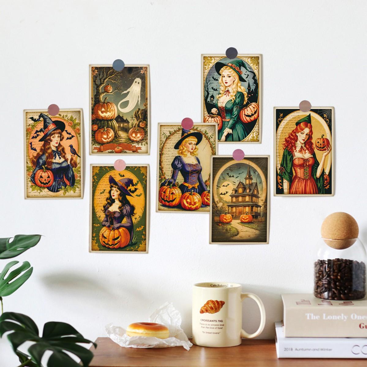 12Pcs Vintage Halloween Witch Postcards, Retro Pumpkin Bat Haunted House Ghost Art Print Cards, Antique Old Paper Style Witchy Postcards for Wall Collage Decor, Junk Journal, Halloween Greeting Card & Gift Giving