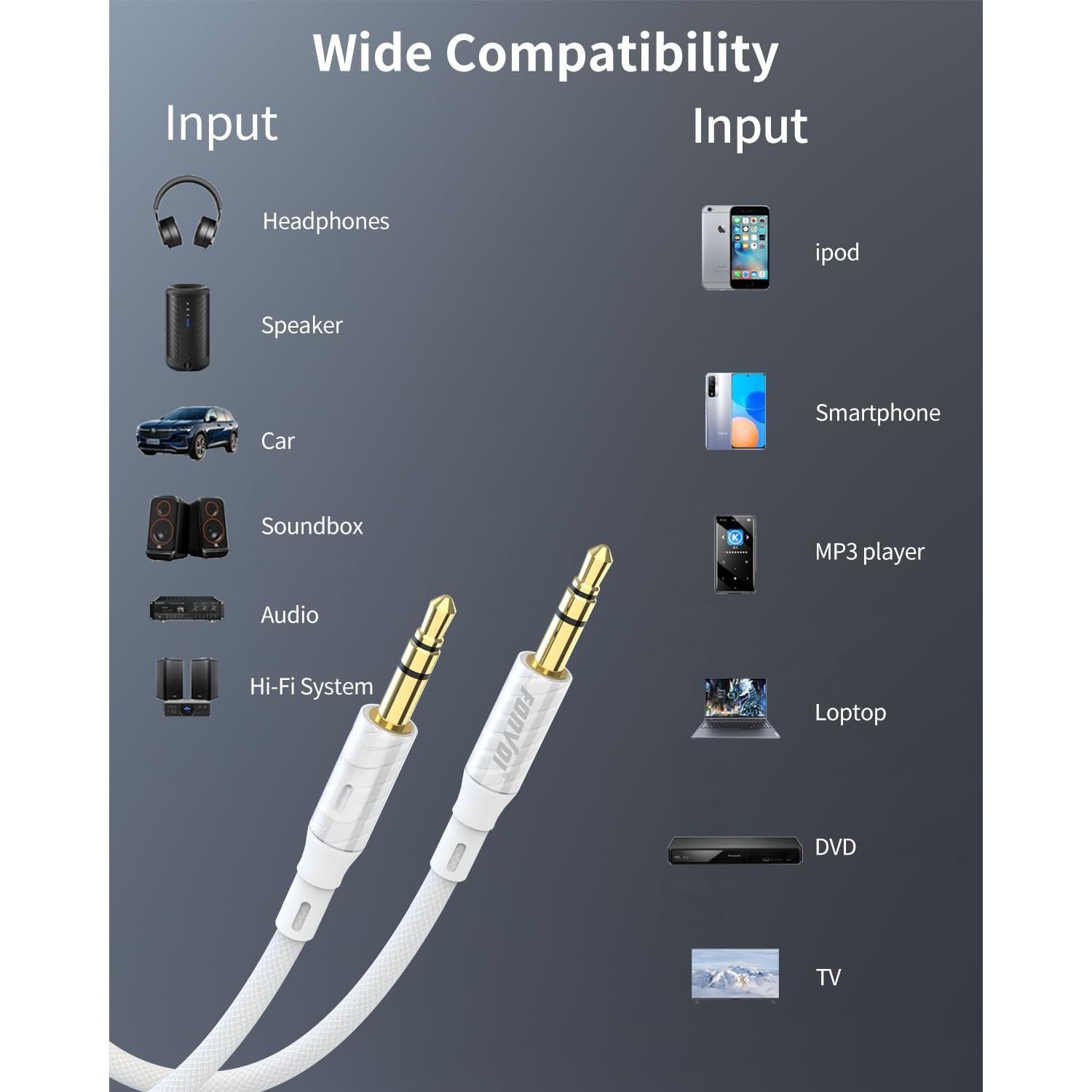 AUX ,3.5mm Audio AUX Cord for ,Braided 3.5mm Male to Male Stereo , Compatible with:Headphones, Phones, iPod, Audio,MP3 and  (1.2M+1.2M)