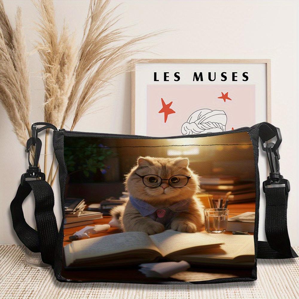 Scottish pleated cat wearing glasses printed shoulder bag, daily messenger bag, cute small bag, perfect for play and leisure activities 6.17