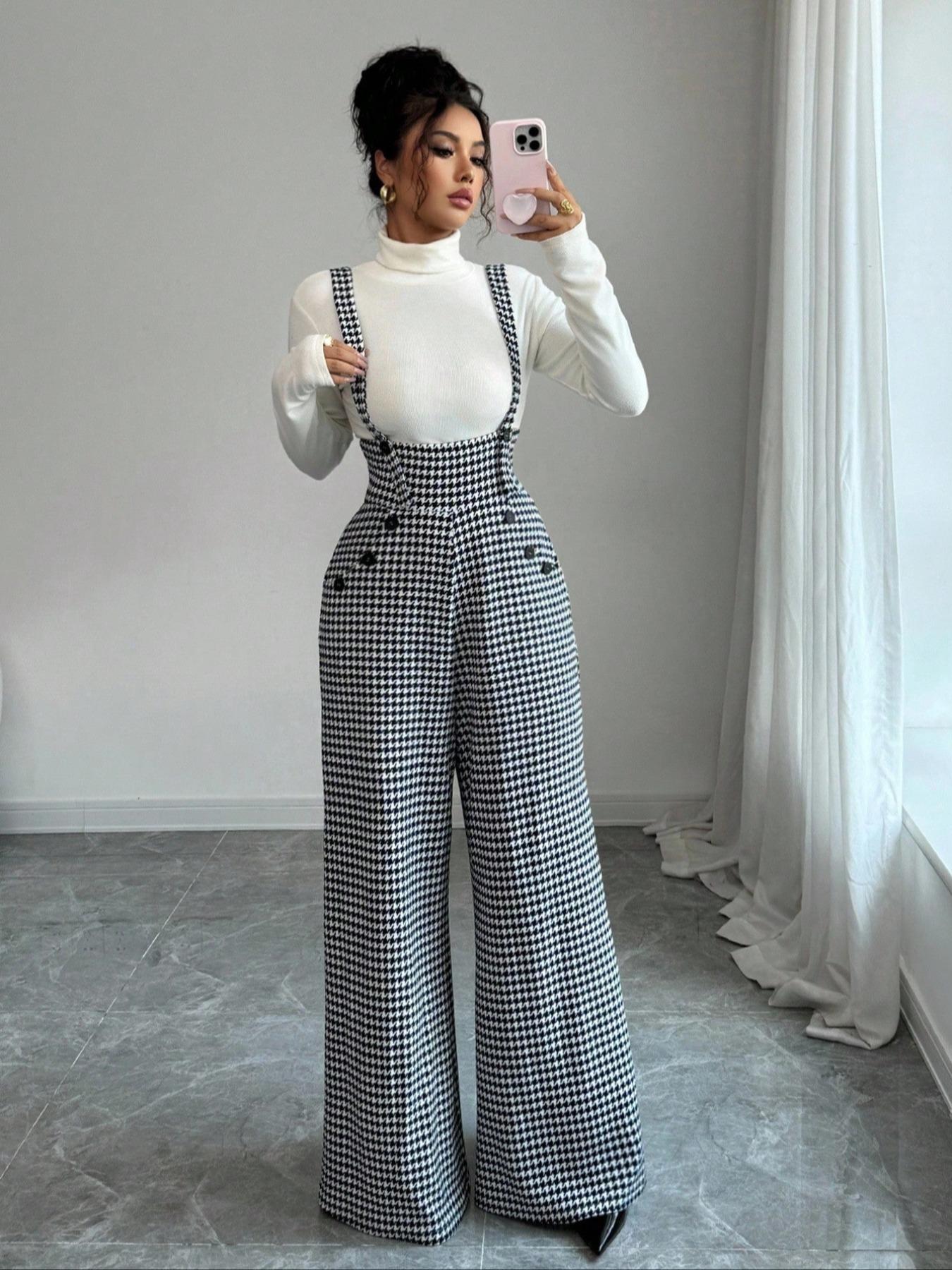 Women's Knitted Plaid Print Houndstooth Wide Leg Pants, Front Pocket Button Design, Fashionable Elegant Daily Commuter Overalls, Fall Winter